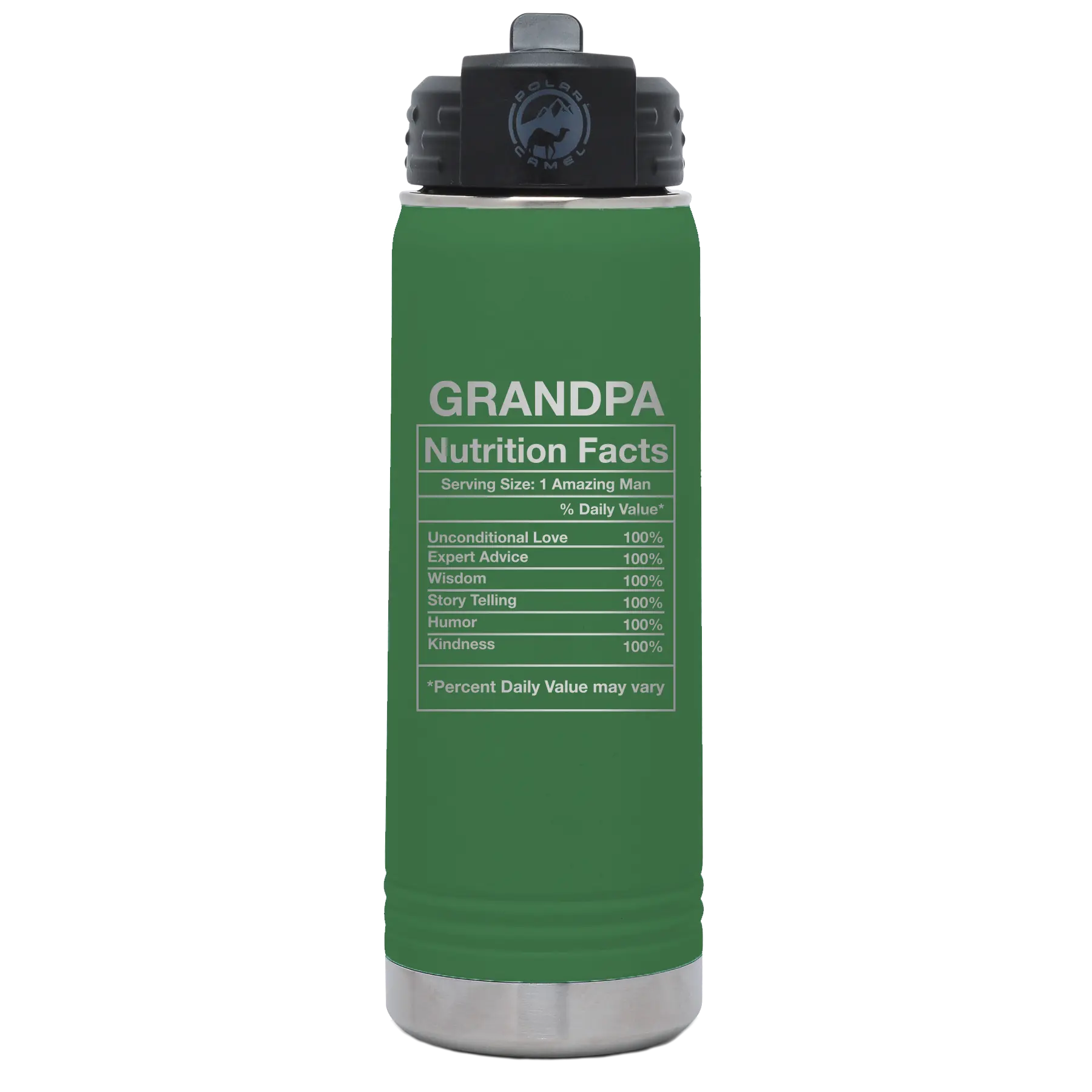 Laser etched green 20 oz vacuum insulated water bottle with 'Grandpa Nutrition' design