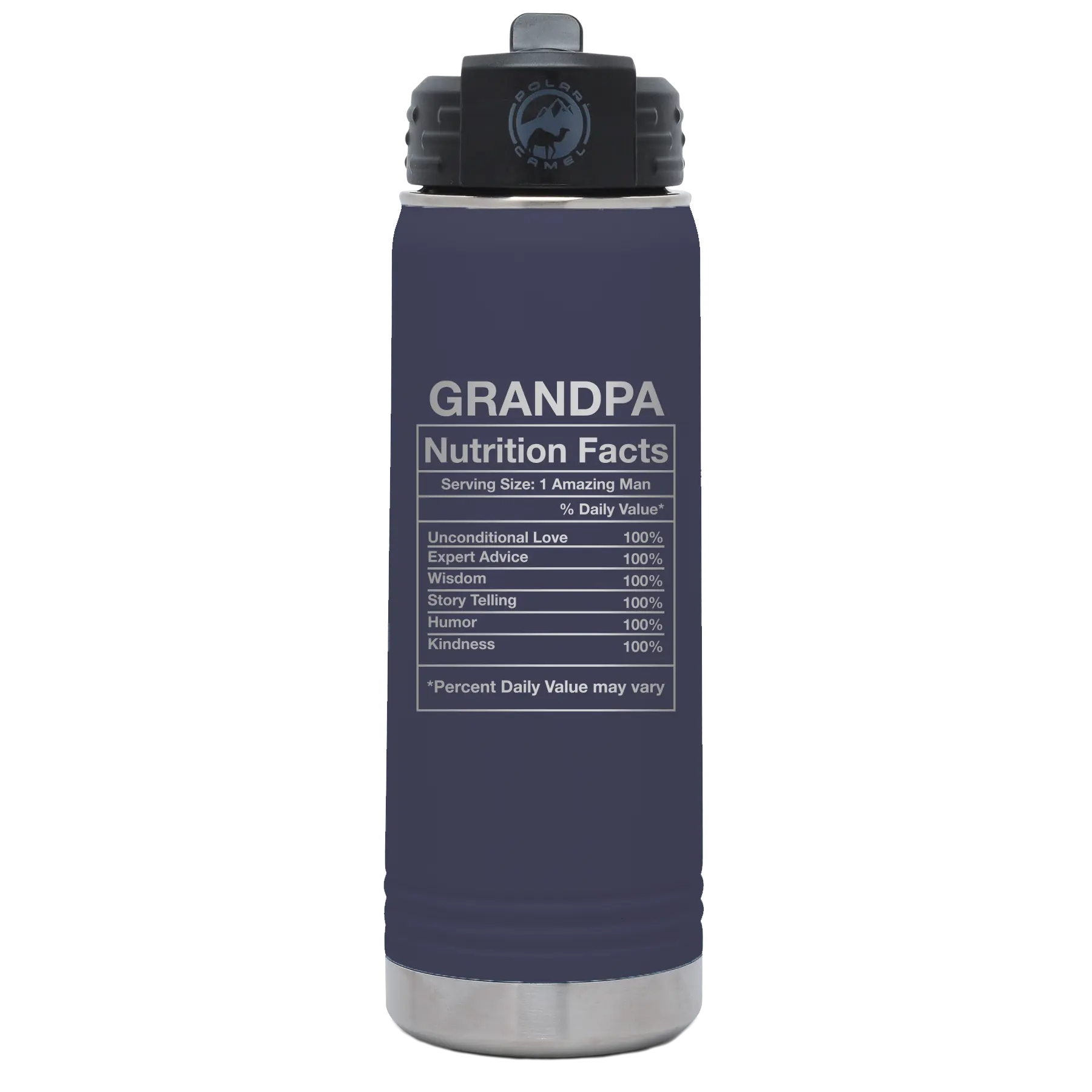 Laser etched navy 20 oz vacuum insulated water bottle with 'Grandpa Nutrition' design