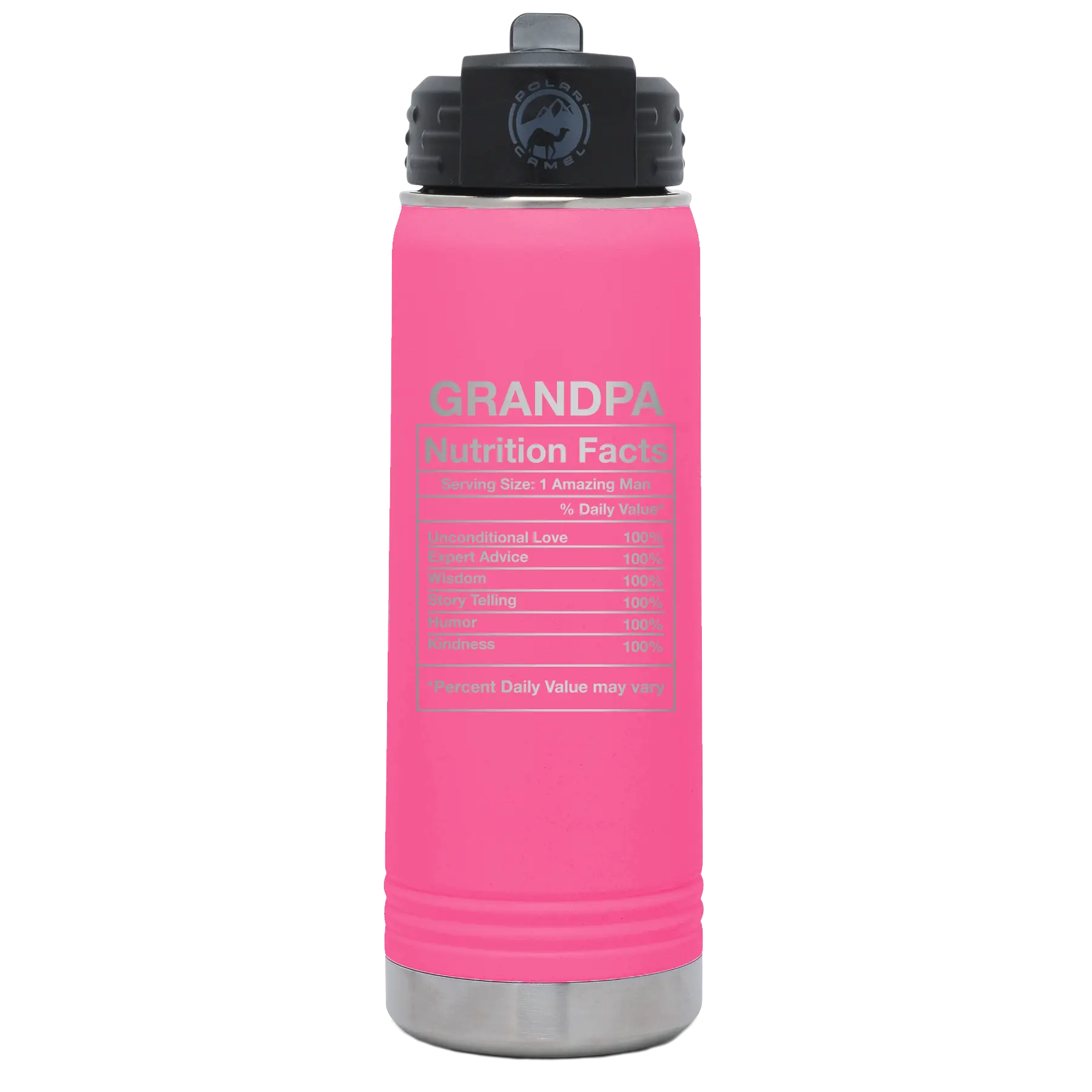 Laser etched pink 20 oz vacuum insulated water bottle with 'Grandpa Nutrition' design