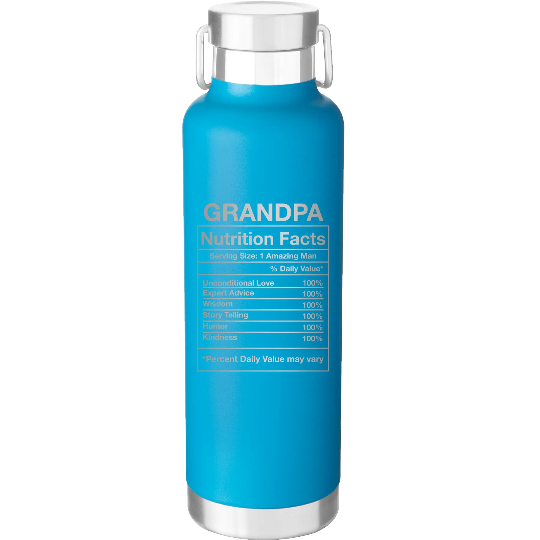 Laser etched aqua 24 oz vacuum insulated water bottle with 'Grandpa Nutrition' design