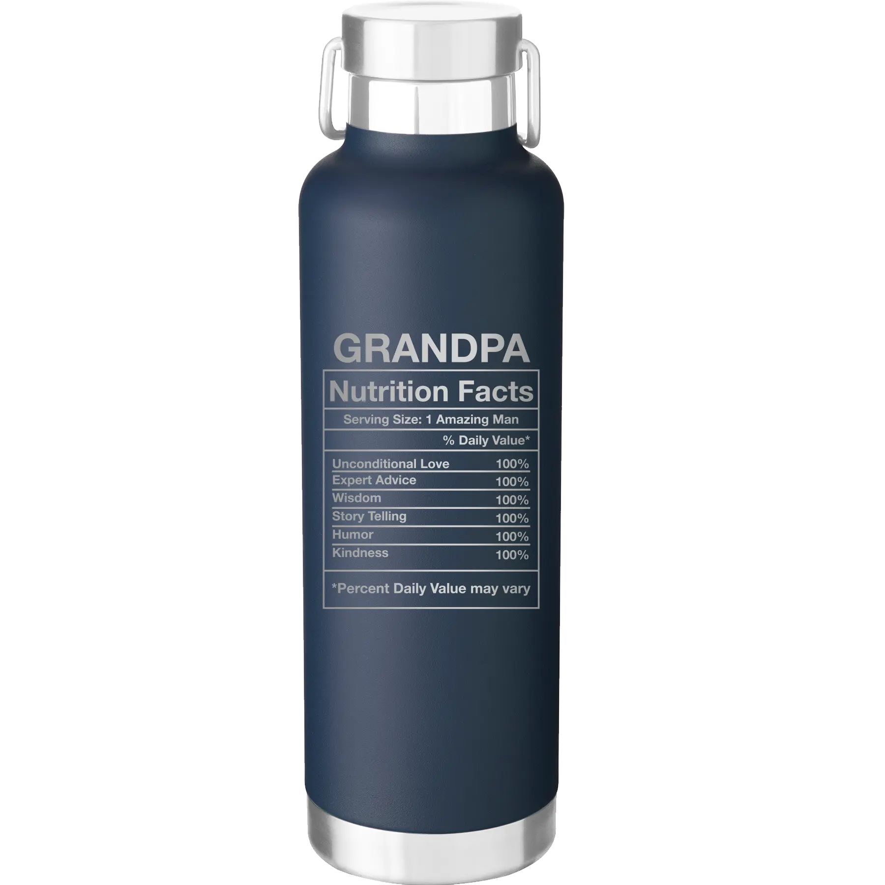 Laser etched navy 24 oz vacuum insulated water bottle with 'Grandpa Nutrition' design