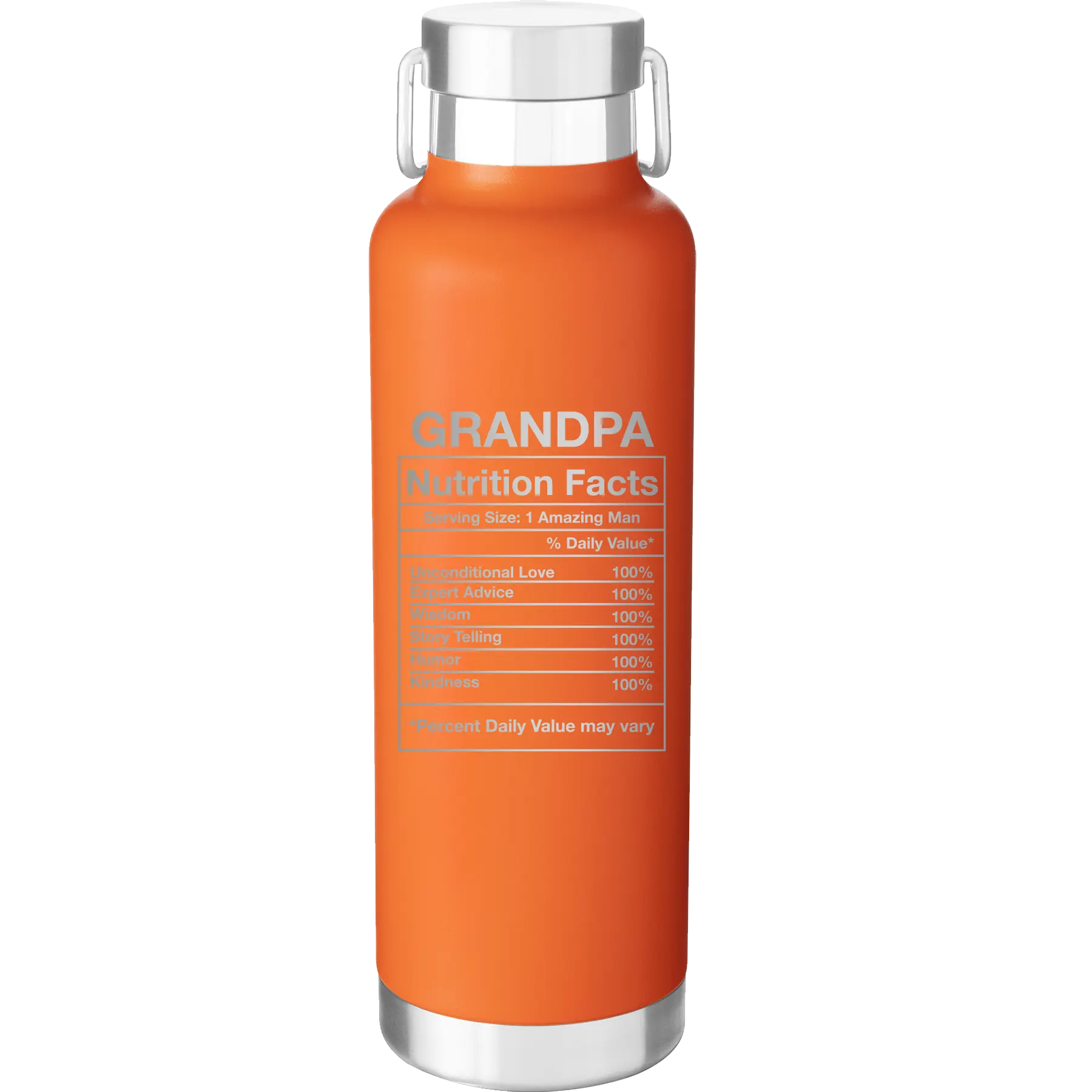 Laser etched orange 24 oz vacuum insulated water bottle with 'Grandpa Nutrition' design