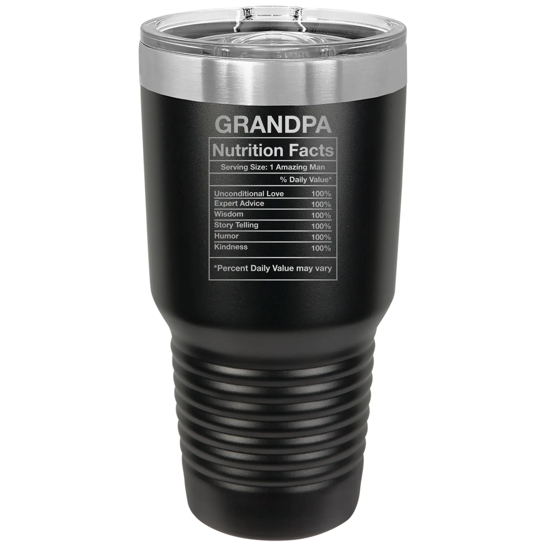Laser etched black 30 oz vacuum insulated tumbler with 'Grandpa Nutrition' design