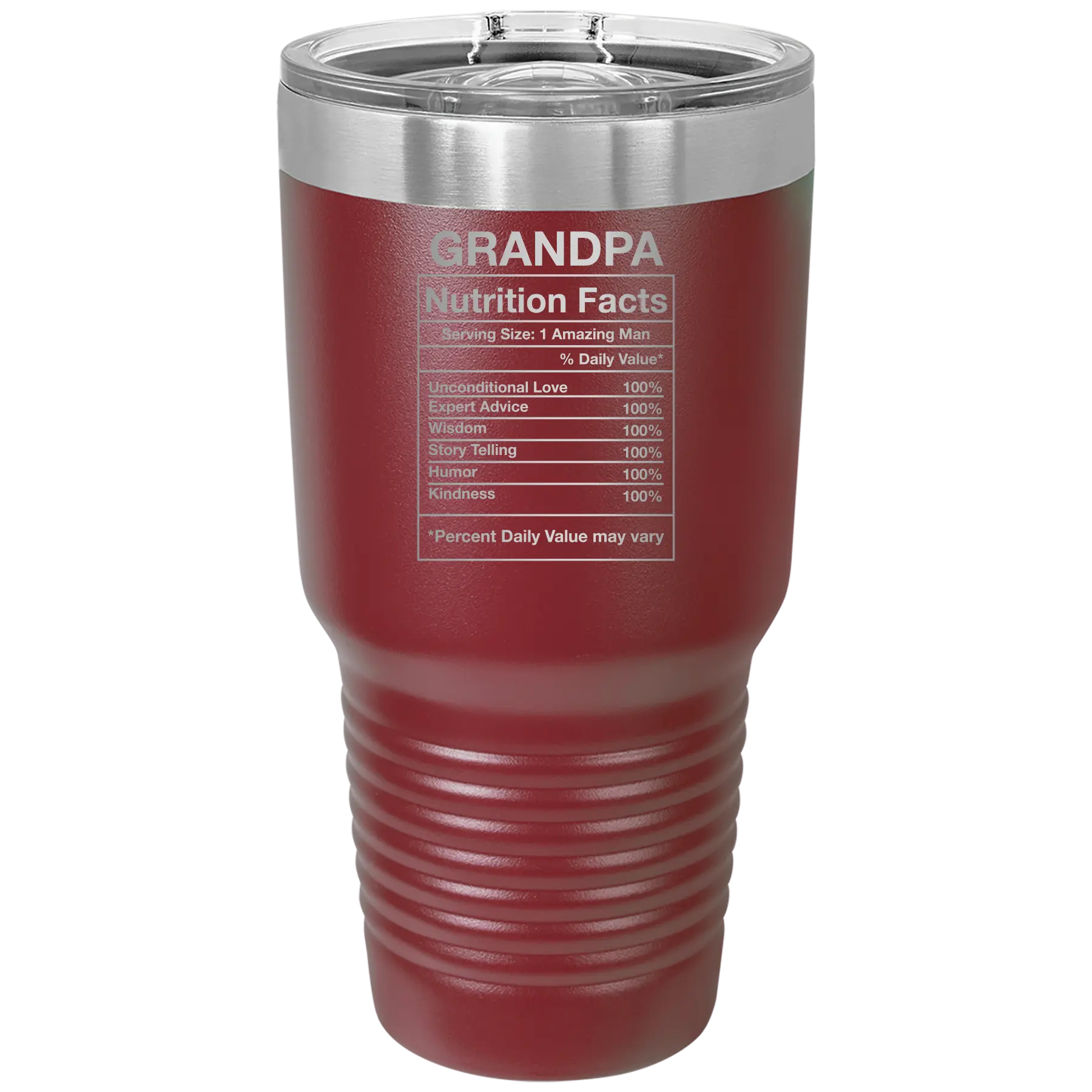 Laser etched maroon 30 oz vacuum insulated tumbler with 'Grandpa Nutrition' design