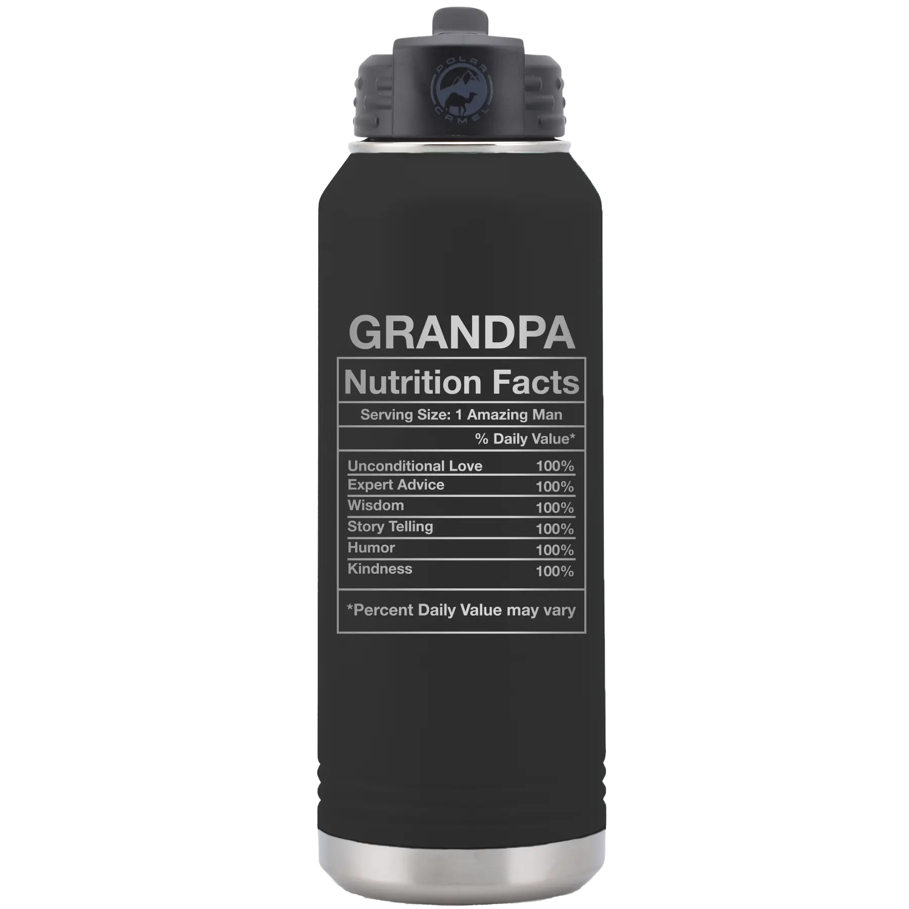 Laser etched black 32 oz vacuum insulated water bottle with 'Grandpa Nutrition' design