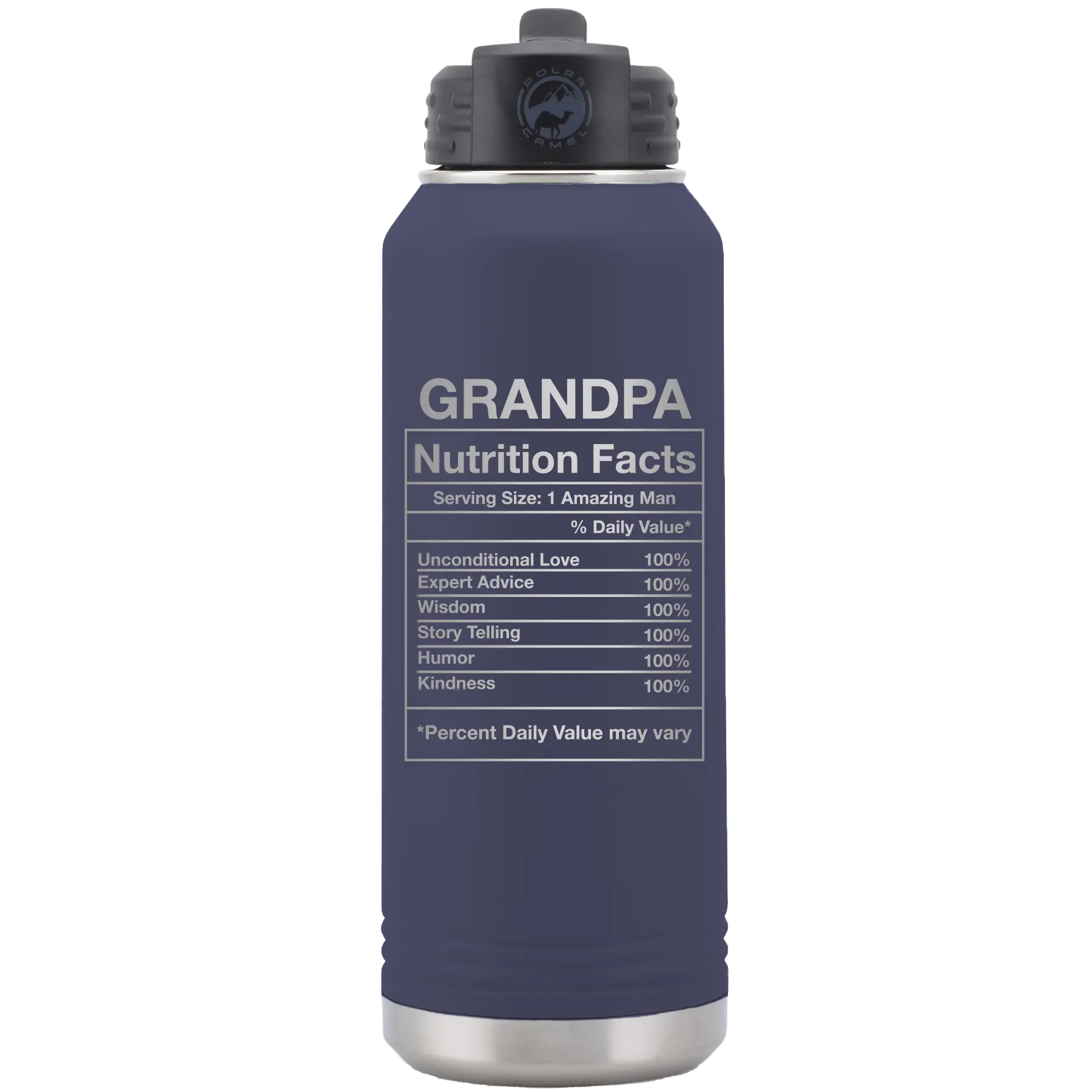 Laser etched navy 32 oz vacuum insulated water bottle with 'Grandpa Nutrition' design