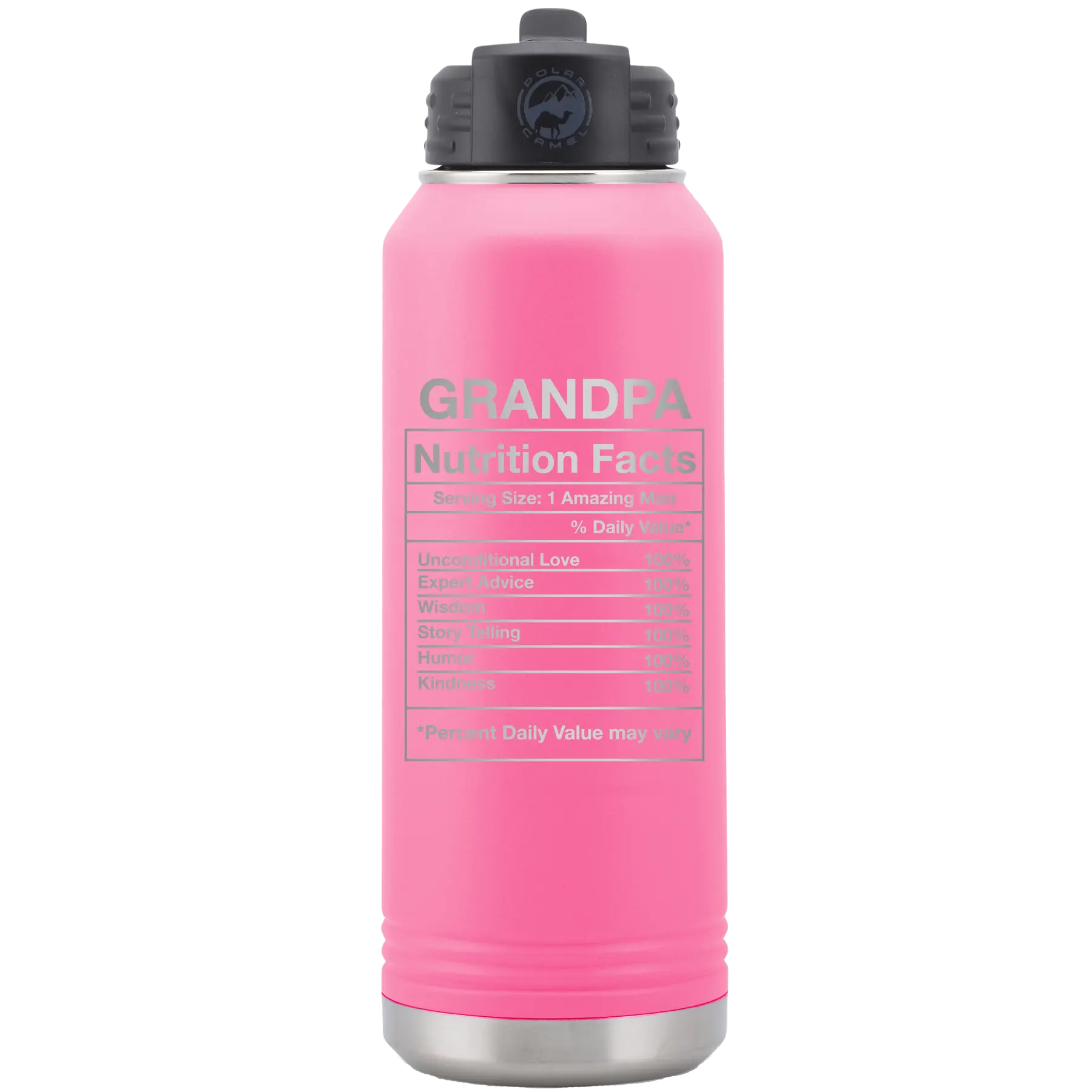 Laser etched pink 32 oz vacuum insulated water bottle with 'Grandpa Nutrition' design
