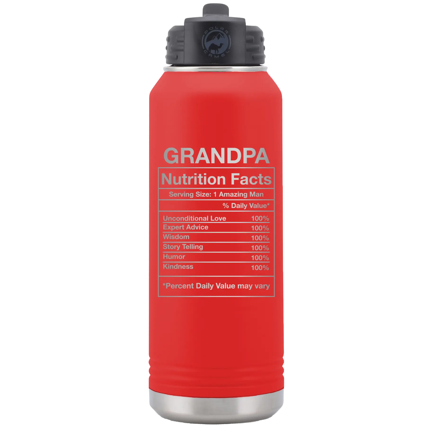 Laser etched red 32 oz vacuum insulated water bottle with 'Grandpa Nutrition' design
