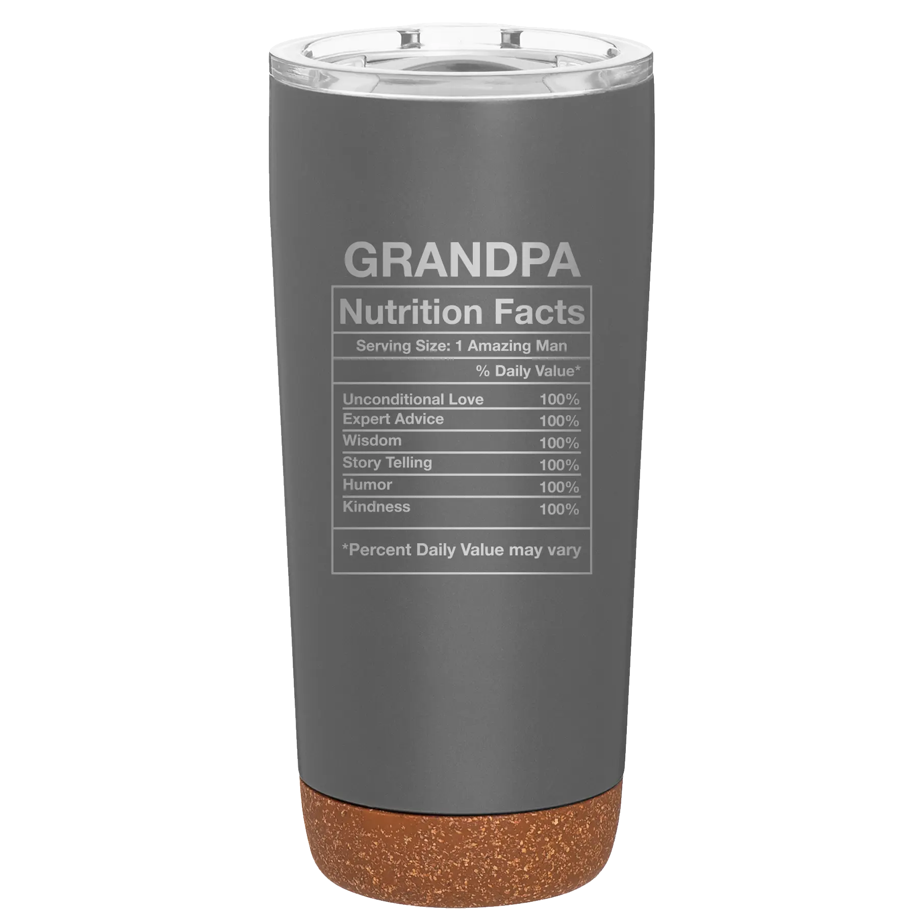 Laser etched storm gray 20 oz vacuum insulated tumbler with 'Grandpa Nutrition' design
