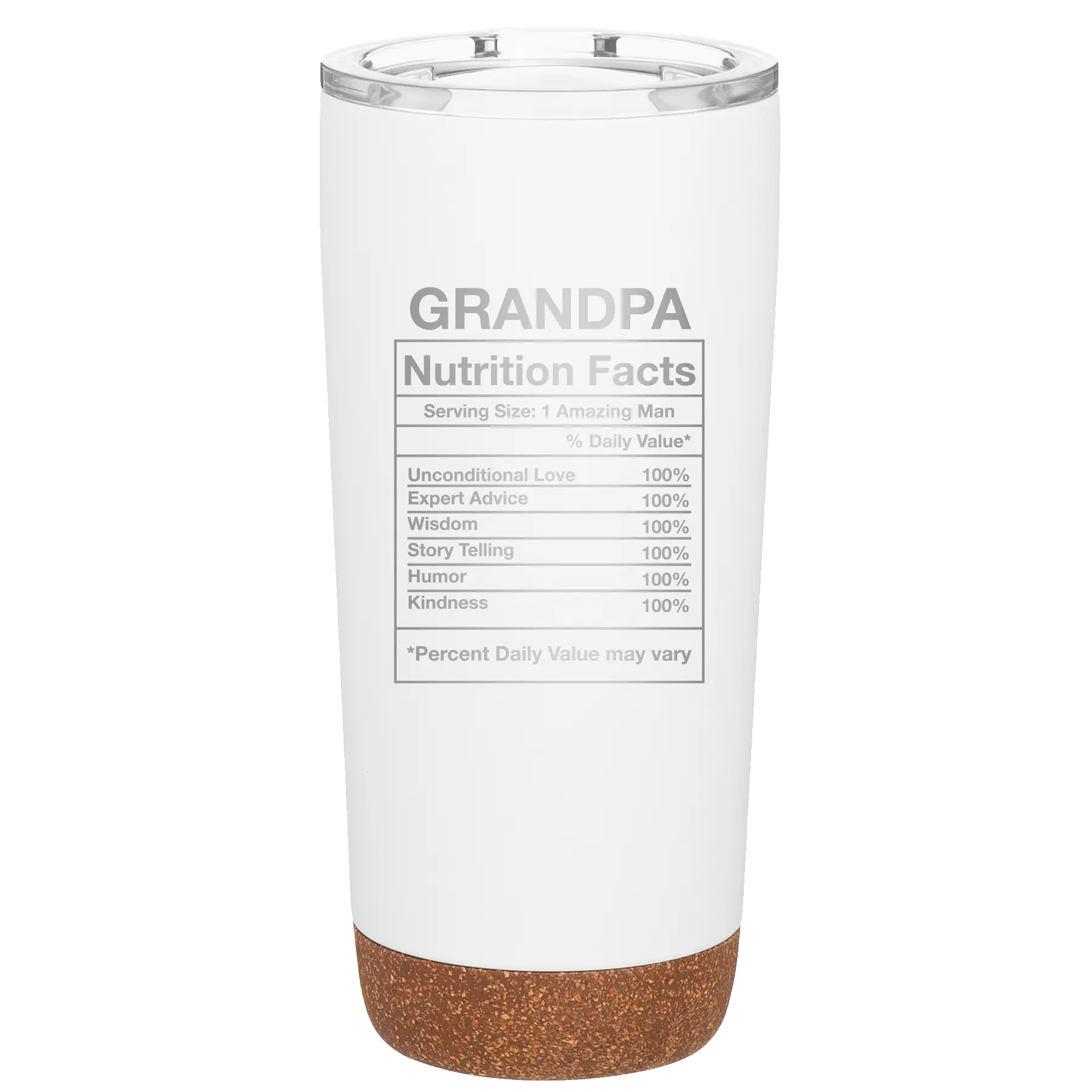 Laser etched white 20 oz vacuum insulated tumbler with 'Grandpa Nutrition' design