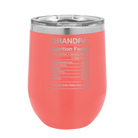 Laser etched coral 12 oz vacuum insulated wine cup with 'Grandpa Nutrition' design