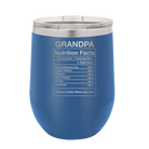 Laser etched royal blue 12 oz vacuum insulated wine cup with 'Grandpa Nutrition' design
