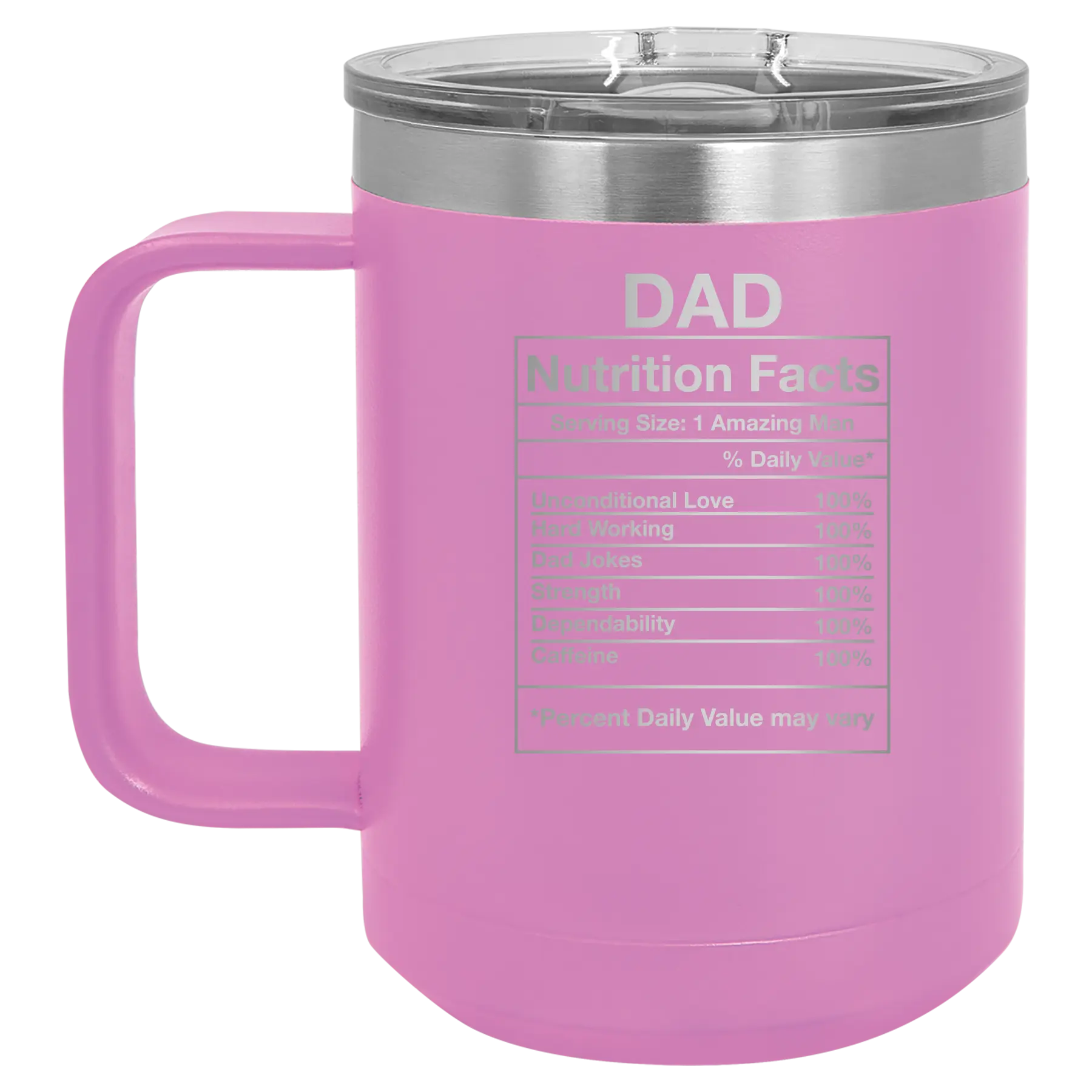 Laser etched light purple 15 oz vacuum insulated coffee mug with 'Dad Nutrition' design