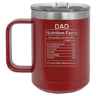 Laser etched maroon 15 oz vacuum insulated coffee mug with 'Dad Nutrition' design