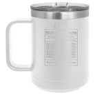Laser etched white 15 oz vacuum insulated coffee mug with 'Dad Nutrition' design