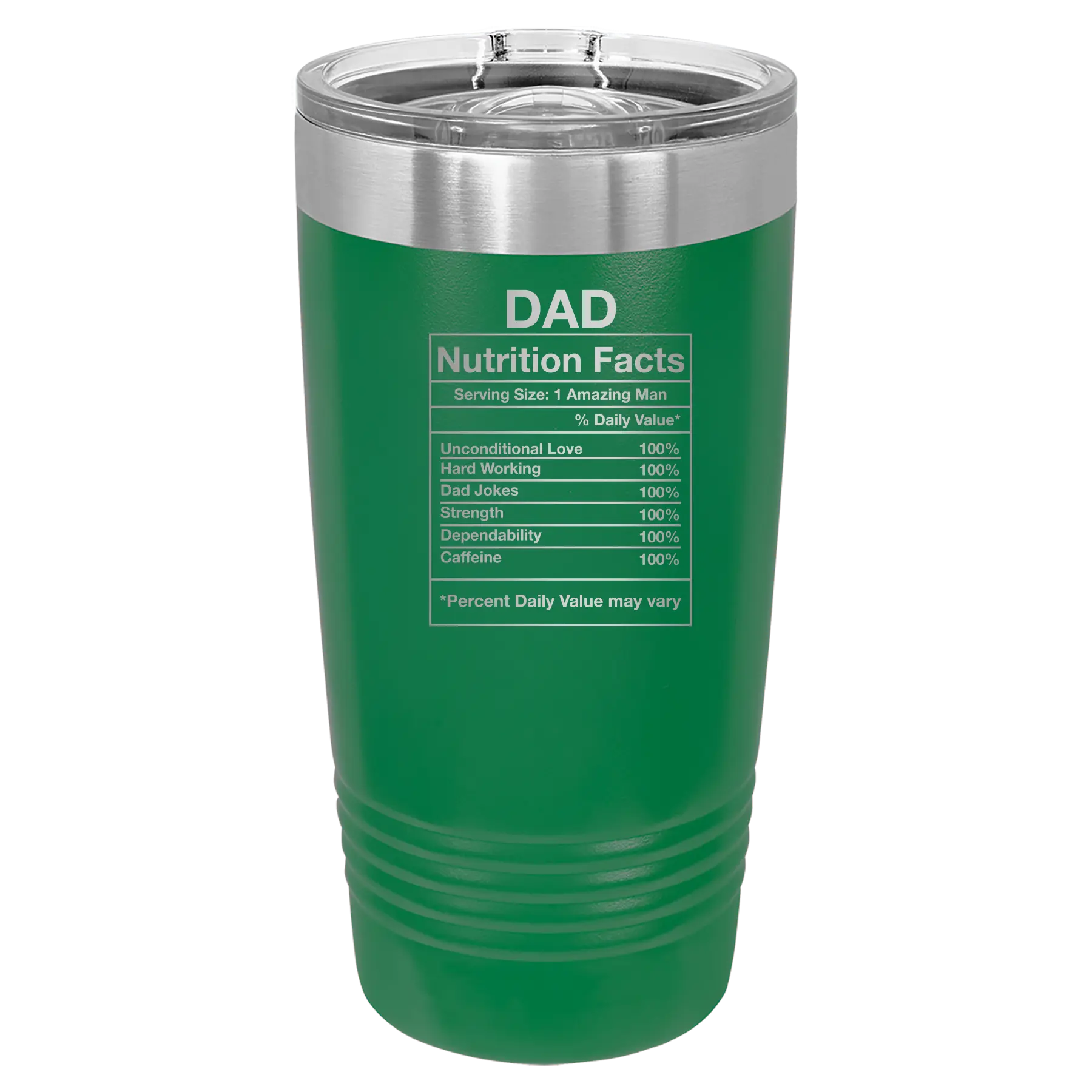 Laser etched green 20 oz vacuum insulated tumbler with 'Dad Nutrition' design