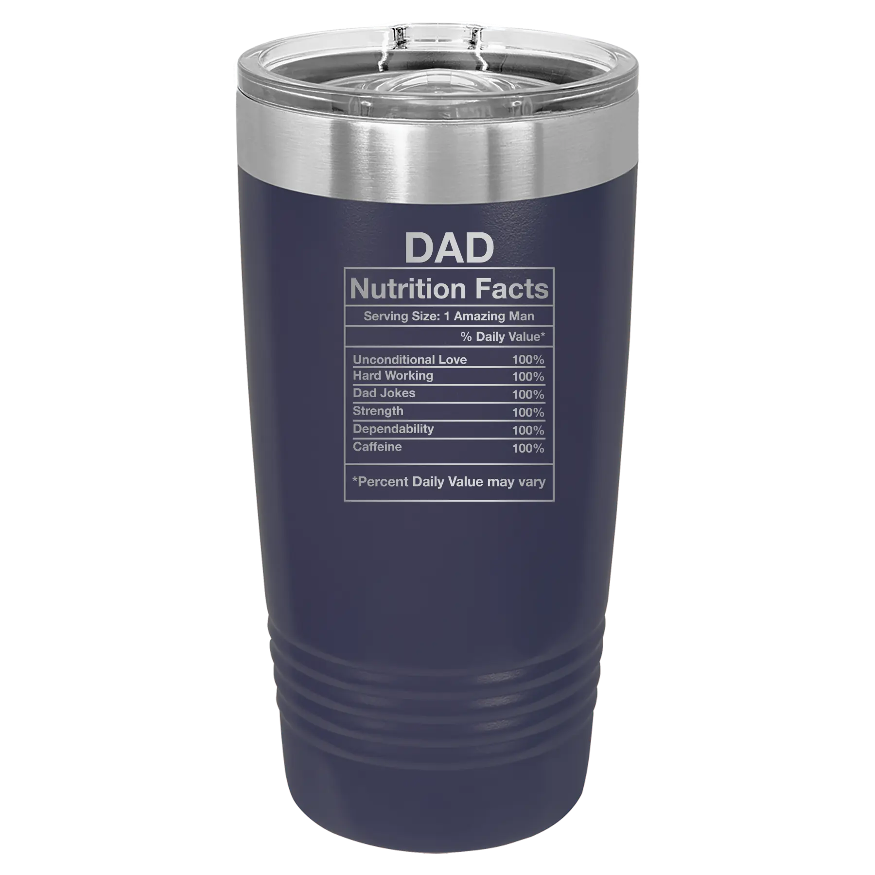 Laser etched navy 20 oz vacuum insulated tumbler with 'Dad Nutrition' design