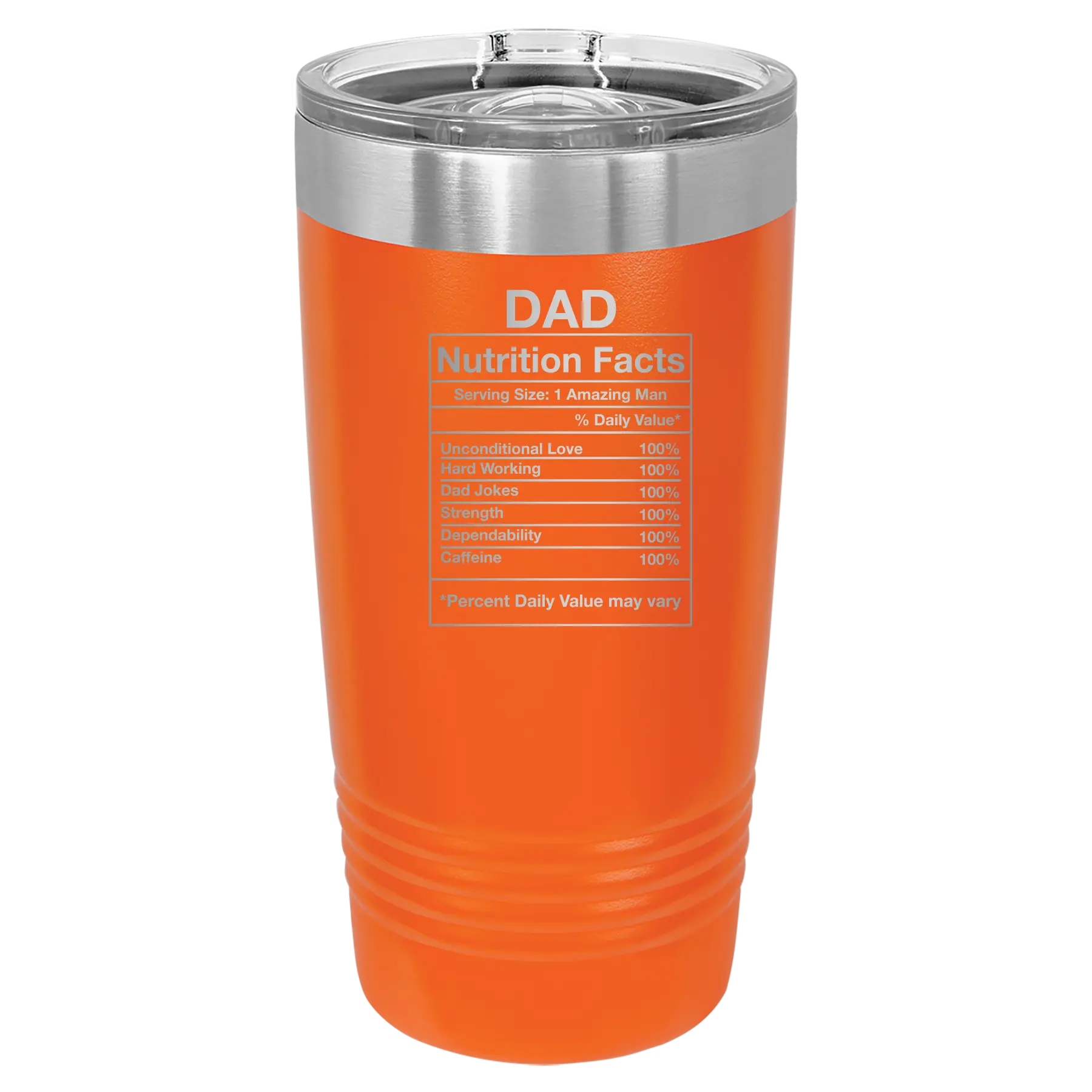 Laser etched orange 20 oz vacuum insulated tumbler with 'Dad Nutrition' design
