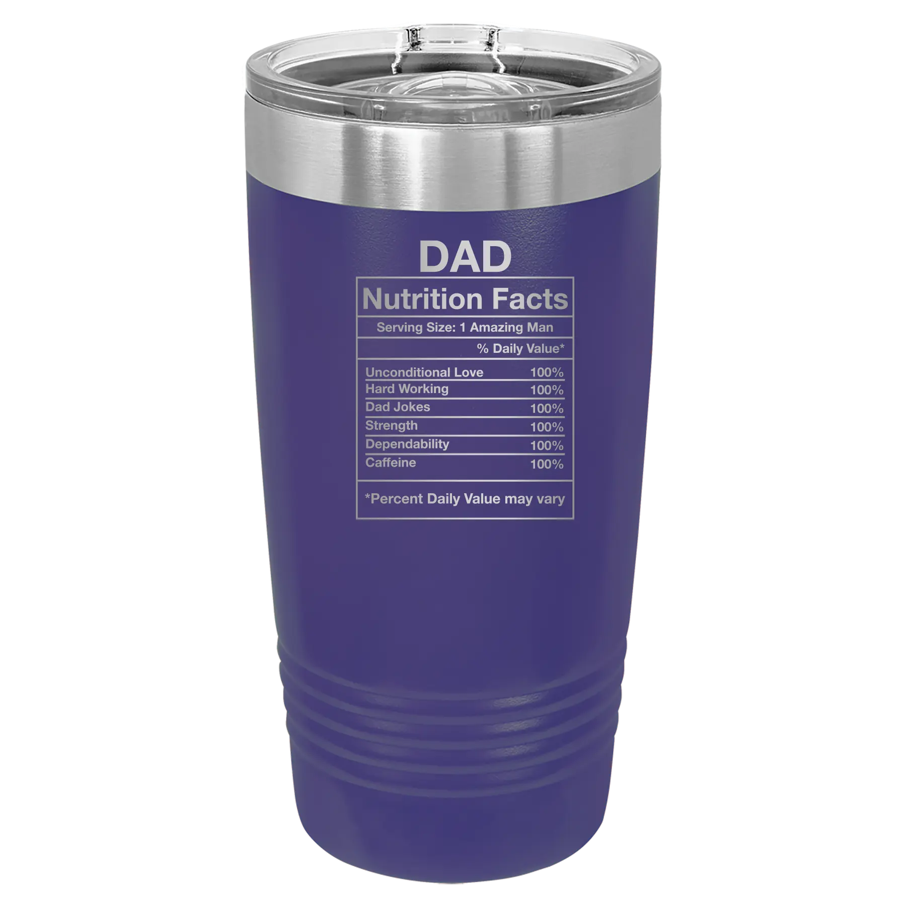 Laser etched purple 20 oz vacuum insulated tumbler with 'Dad Nutrition' design