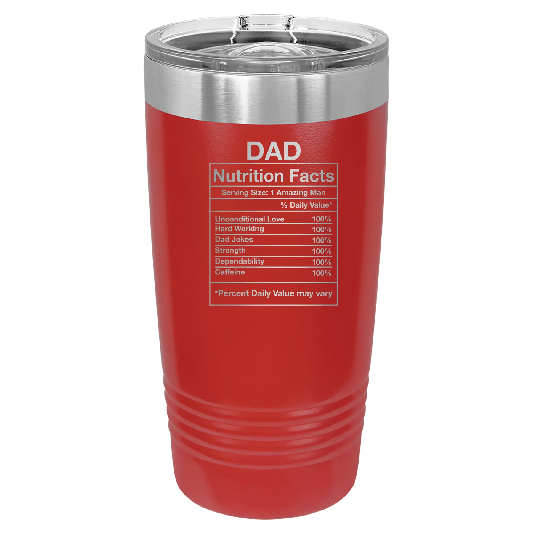 Laser etched red 20 oz vacuum insulated tumbler with 'Dad Nutrition' design
