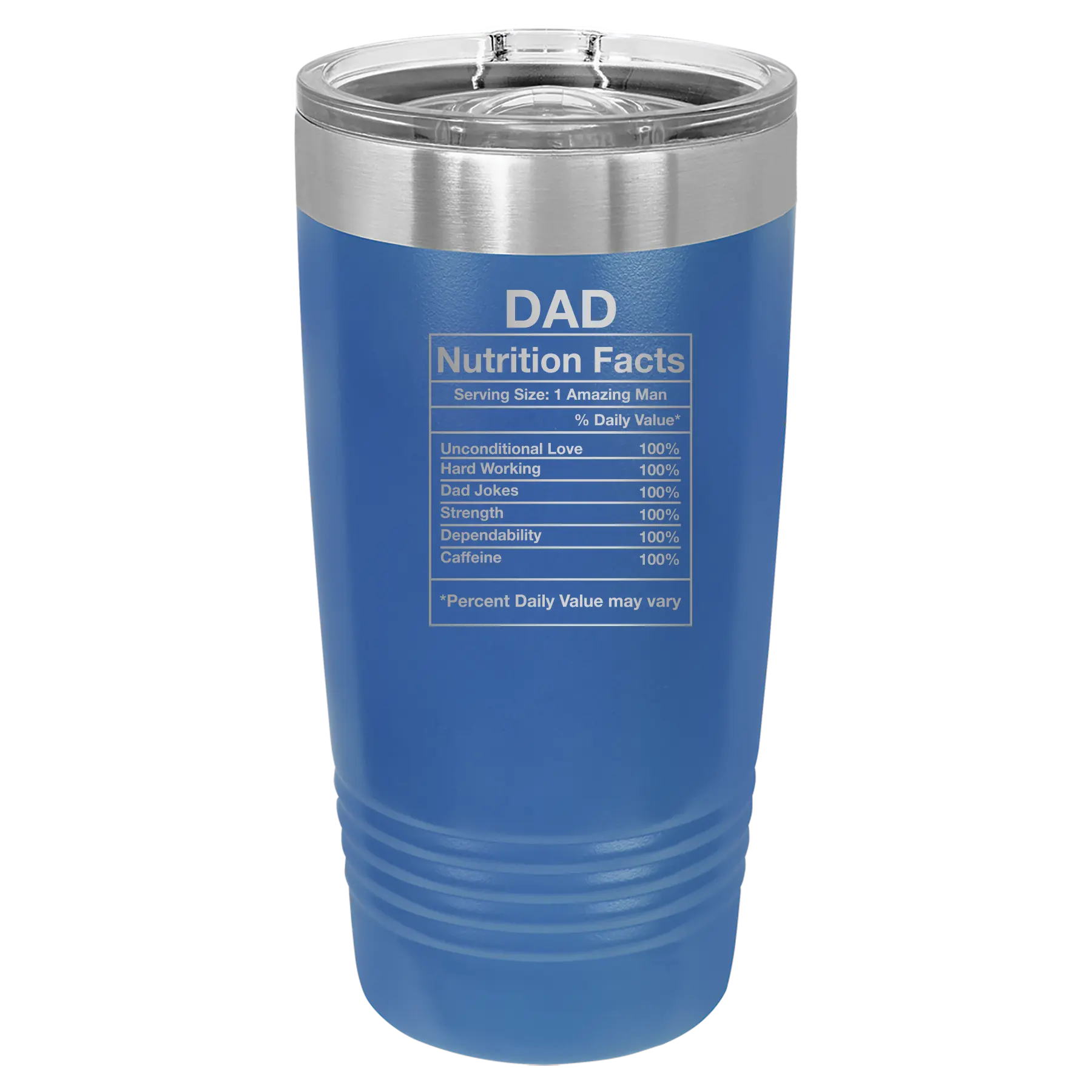 Laser etched royal blue 20 oz vacuum insulated tumbler with 'Dad Nutrition' design