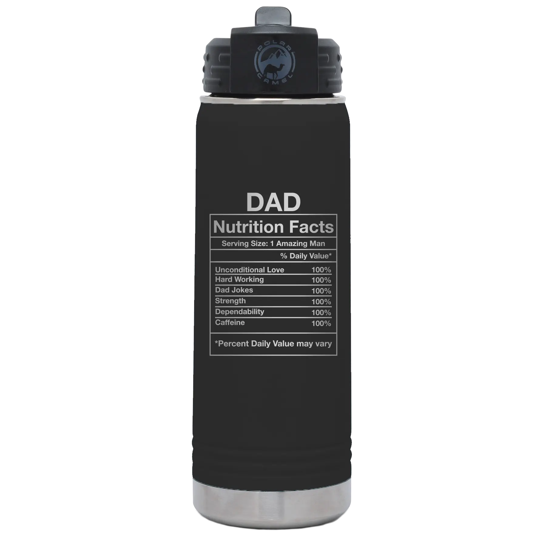 Laser etched black 20 oz vacuum insulated water bottle with 'Dad Nutrition' design
