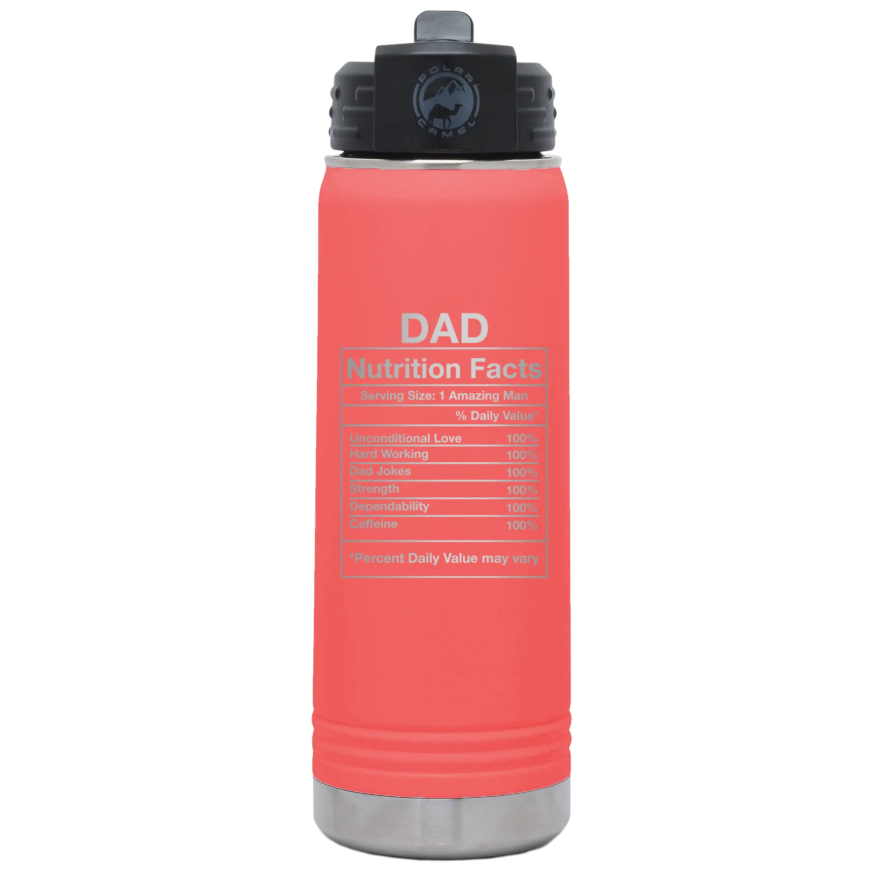 Laser etched coral 20 oz vacuum insulated water bottle with 'Dad Nutrition' design