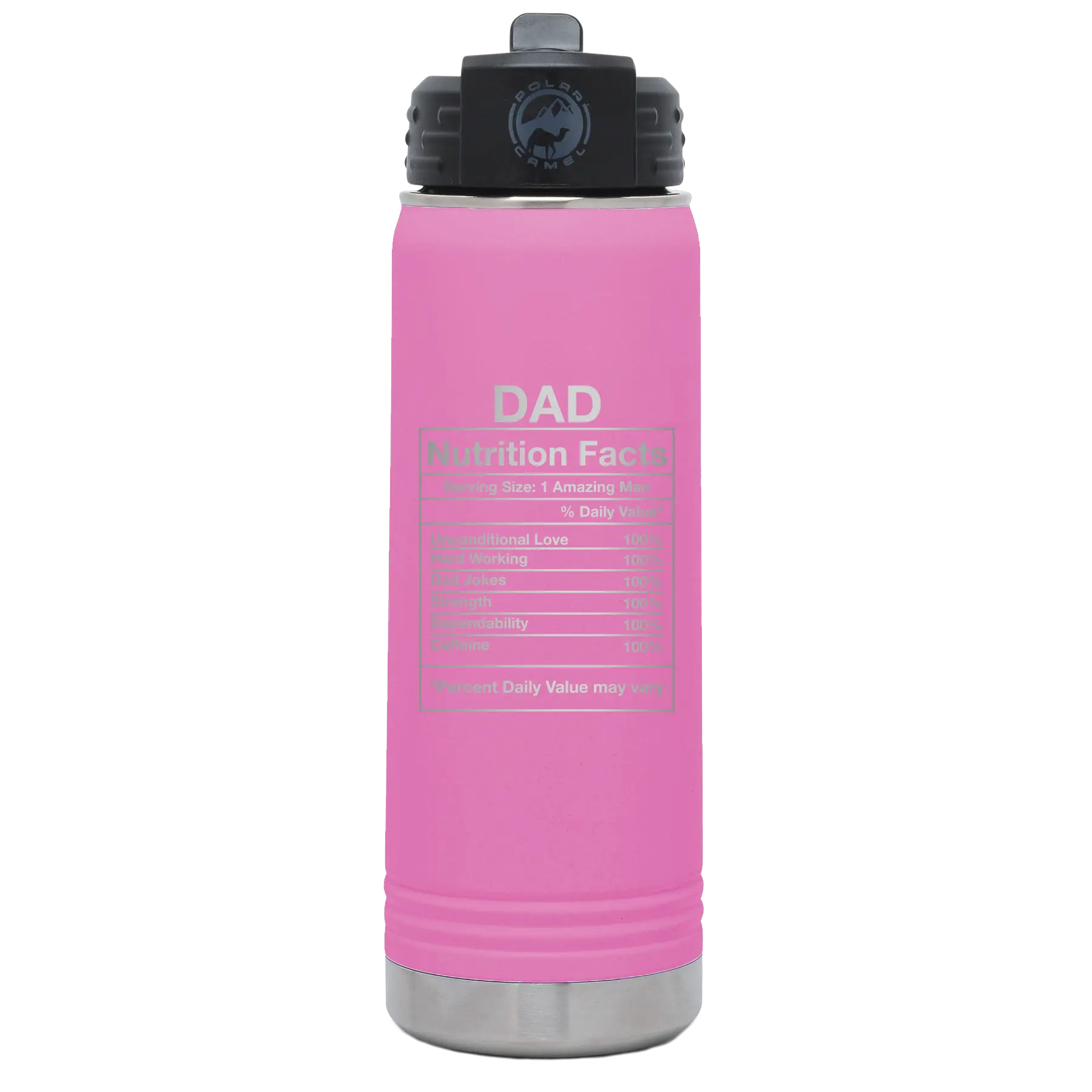 Laser etched light purple 20 oz vacuum insulated water bottle with 'Dad Nutrition' design