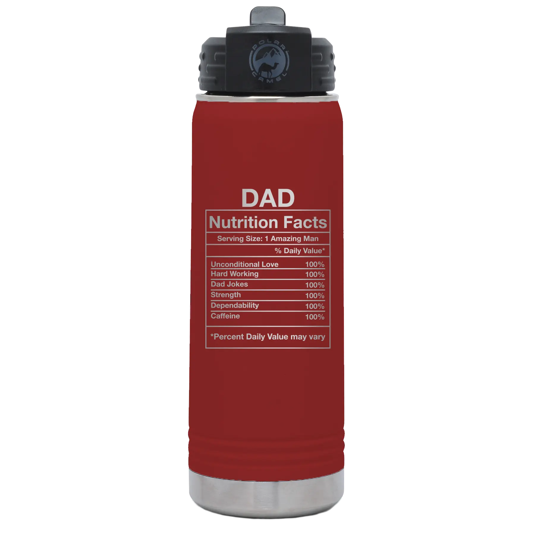 Laser etched maroon 20 oz vacuum insulated water bottle with 'Dad Nutrition' design