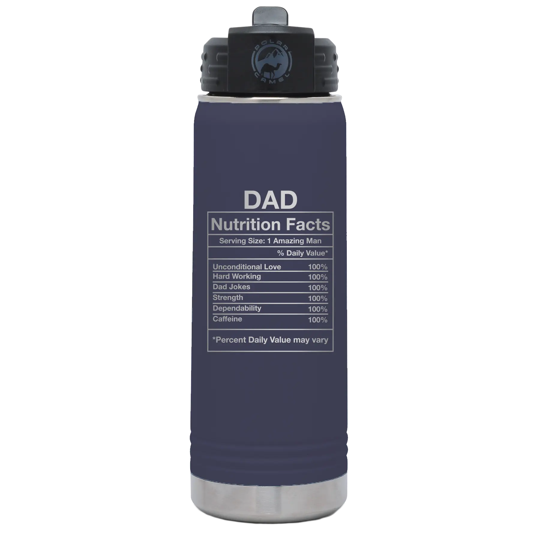 Laser etched navy 20 oz vacuum insulated water bottle with 'Dad Nutrition' design