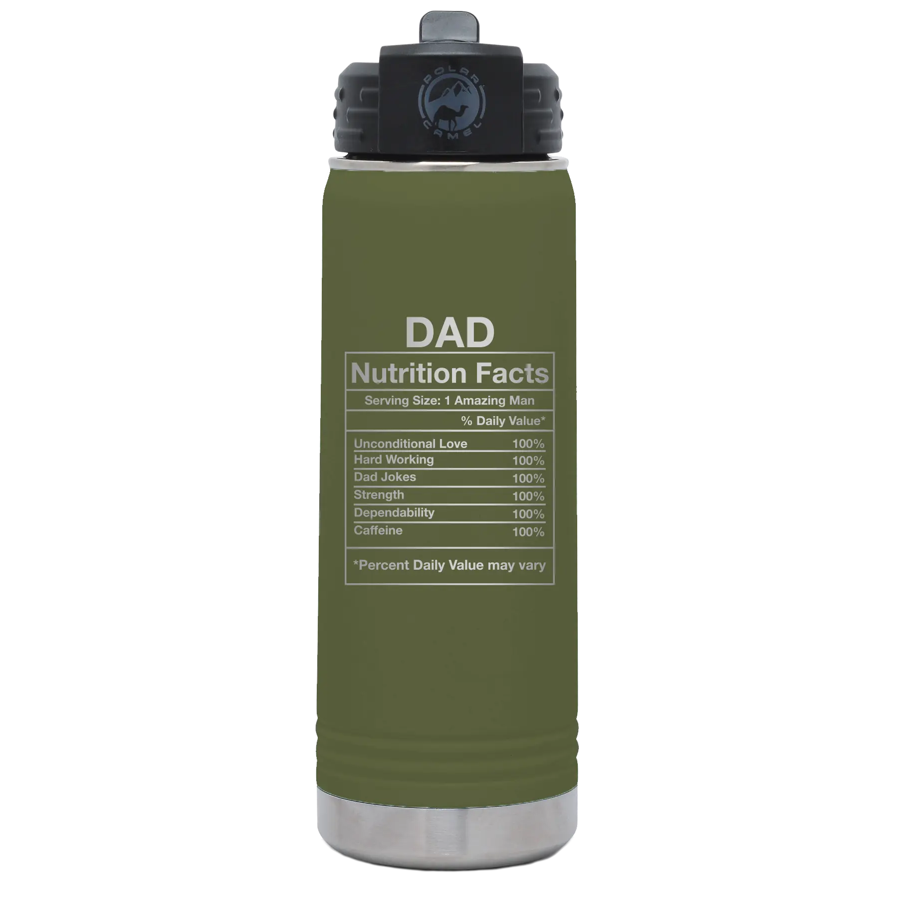 Laser etched olive green 20 oz vacuum insulated water bottle with 'Dad Nutrition' design