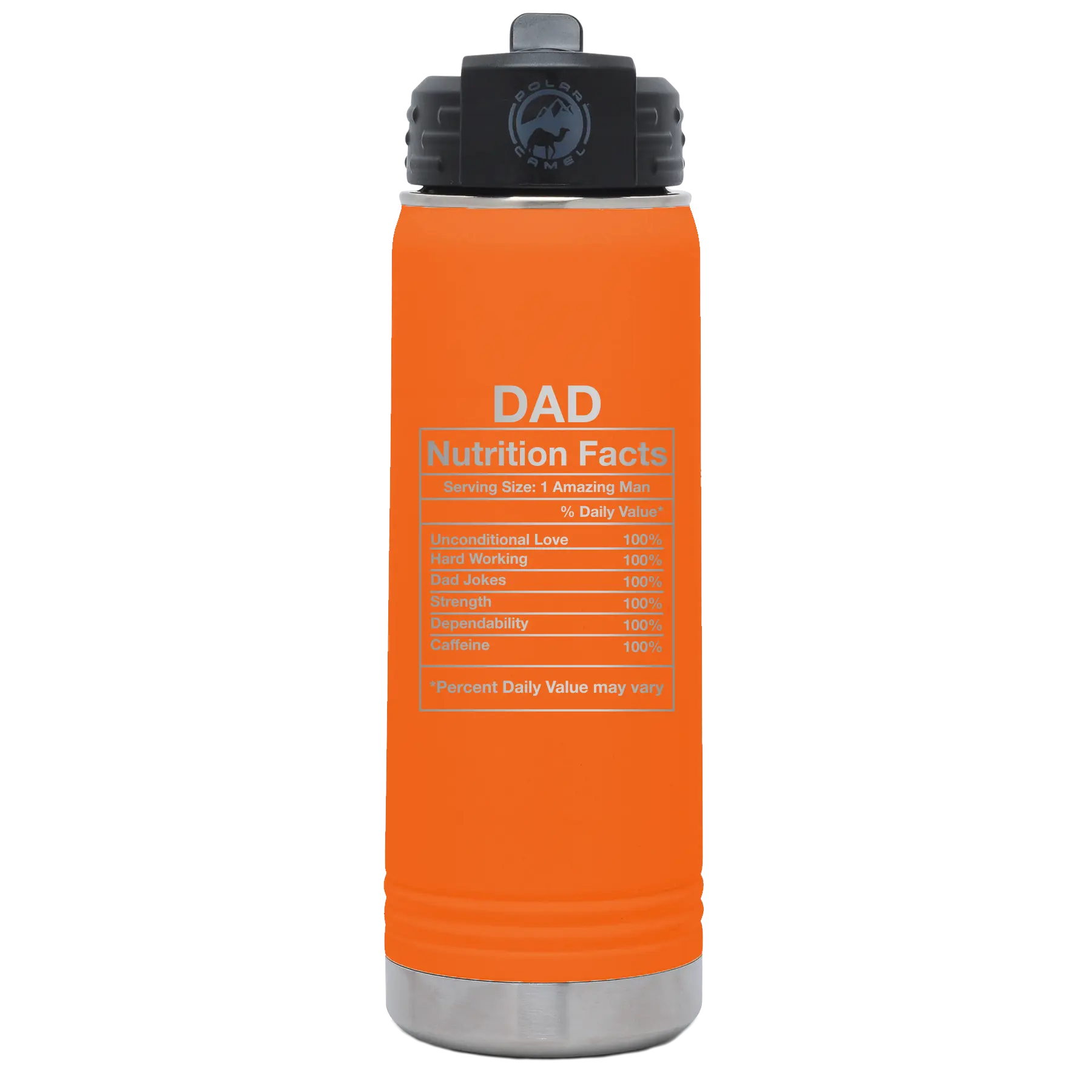 Laser etched orange 20 oz vacuum insulated water bottle with 'Dad Nutrition' design