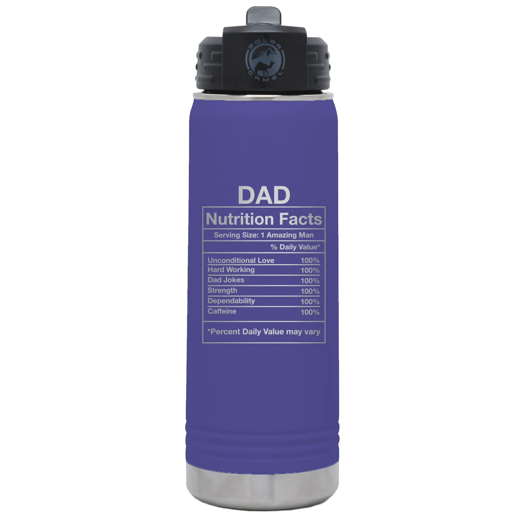 Laser etched purple 20 oz vacuum insulated water bottle with 'Dad Nutrition' design