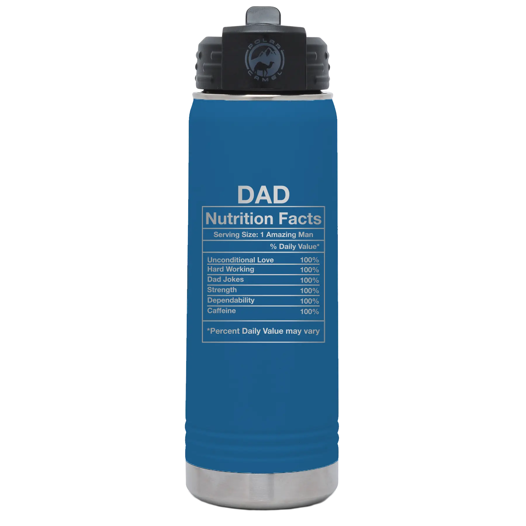 Laser etched royal blue 20 oz vacuum insulated water bottle with 'Dad Nutrition' design