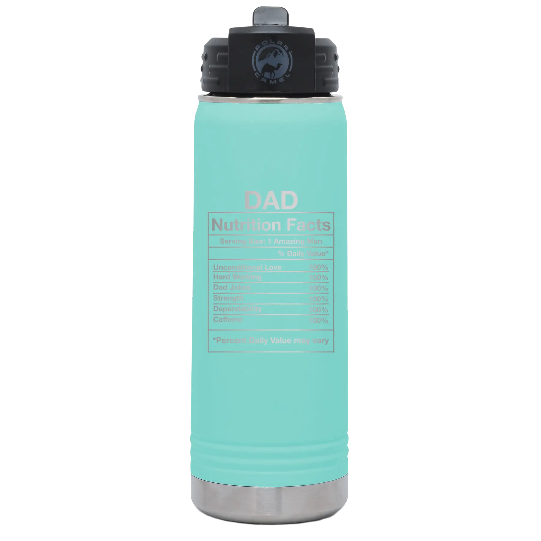 Laser etched teal 20 oz vacuum insulated water bottle with 'Dad Nutrition' design
