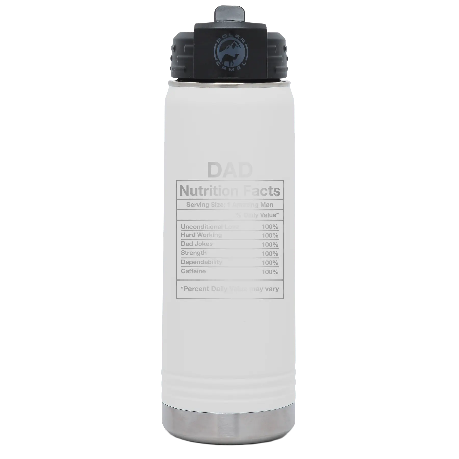 Laser etched white 20 oz vacuum insulated water bottle with 'Dad Nutrition' design