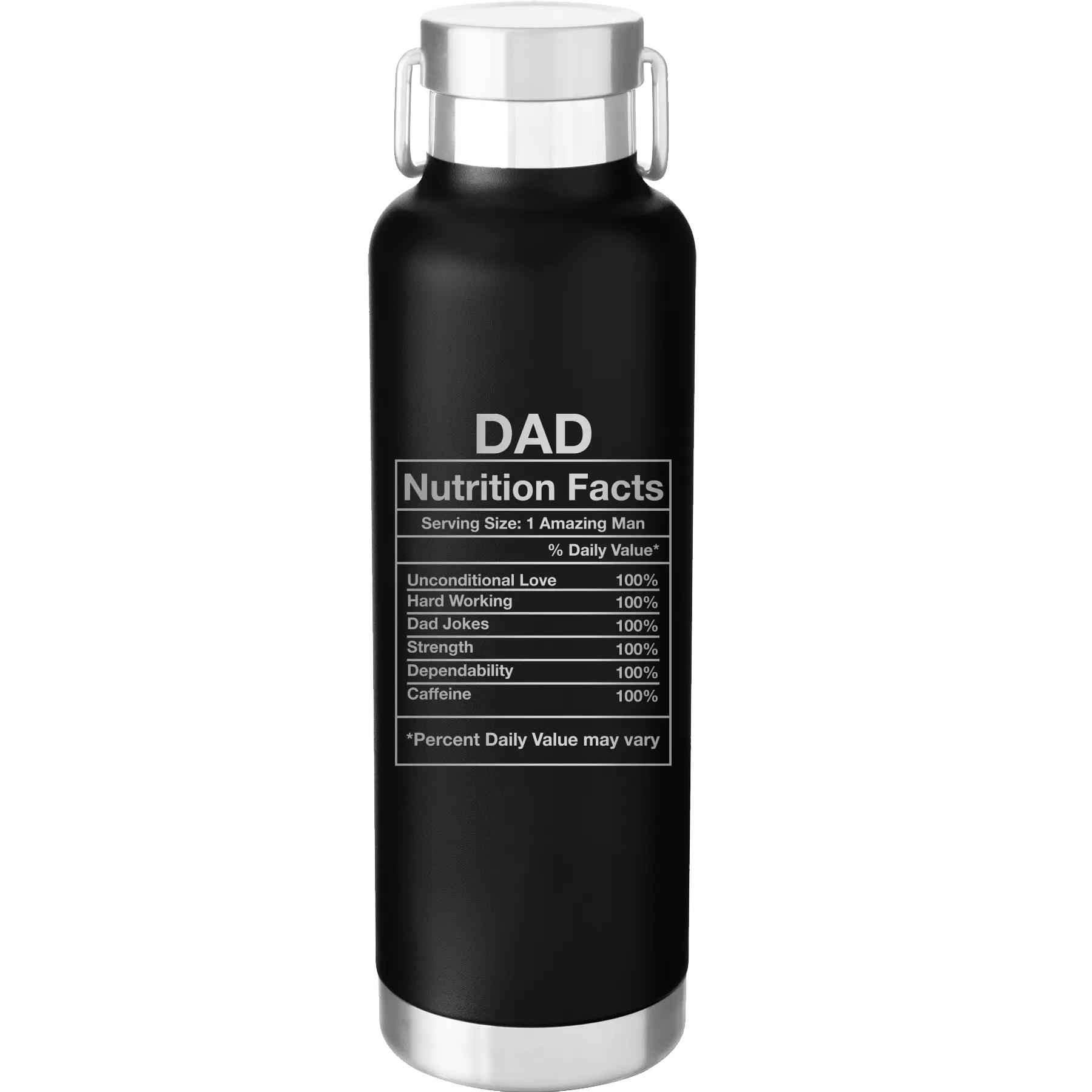 Laser etched black 24 oz vacuum insulated water bottle with 'Dad Nutrition' design