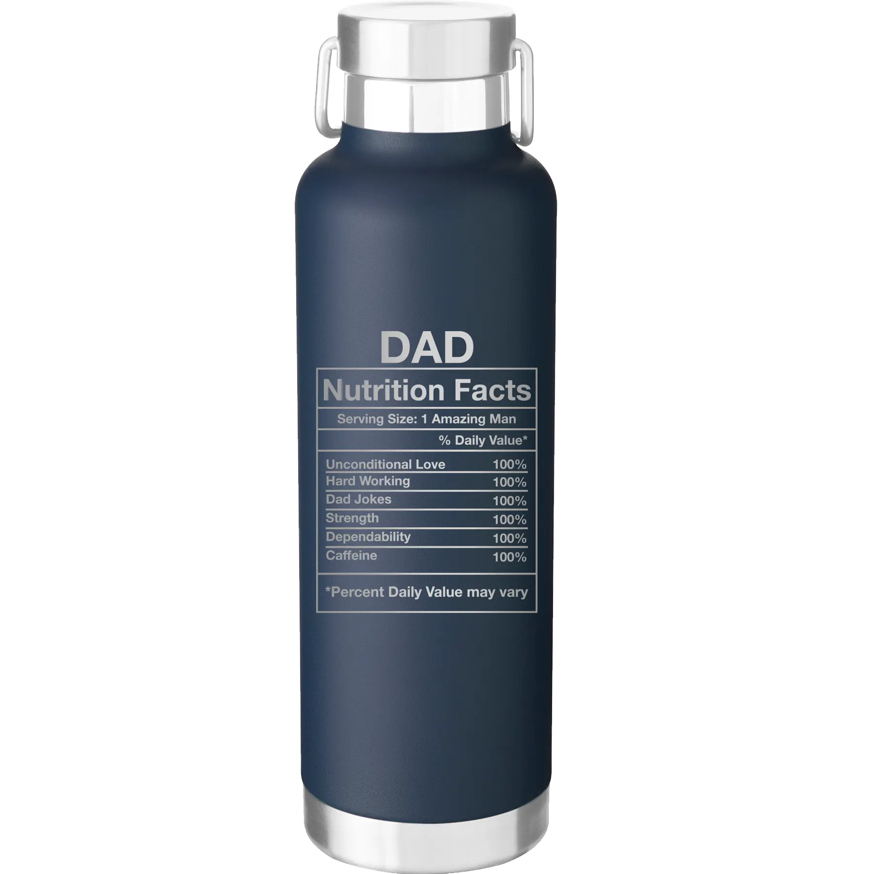 Laser etched navy 24 oz vacuum insulated water bottle with 'Dad Nutrition' design