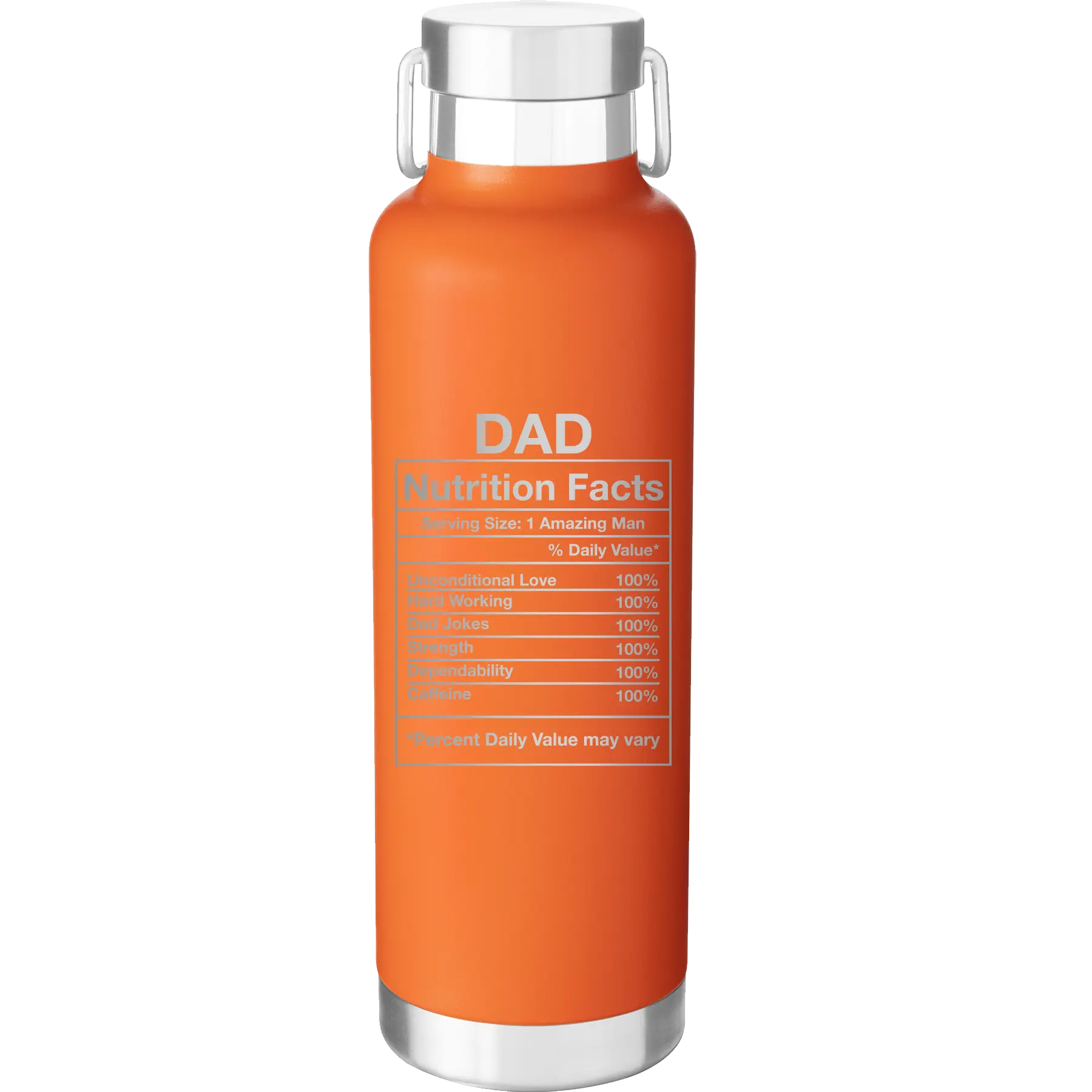 Laser etched orange 24 oz vacuum insulated water bottle with 'Dad Nutrition' design