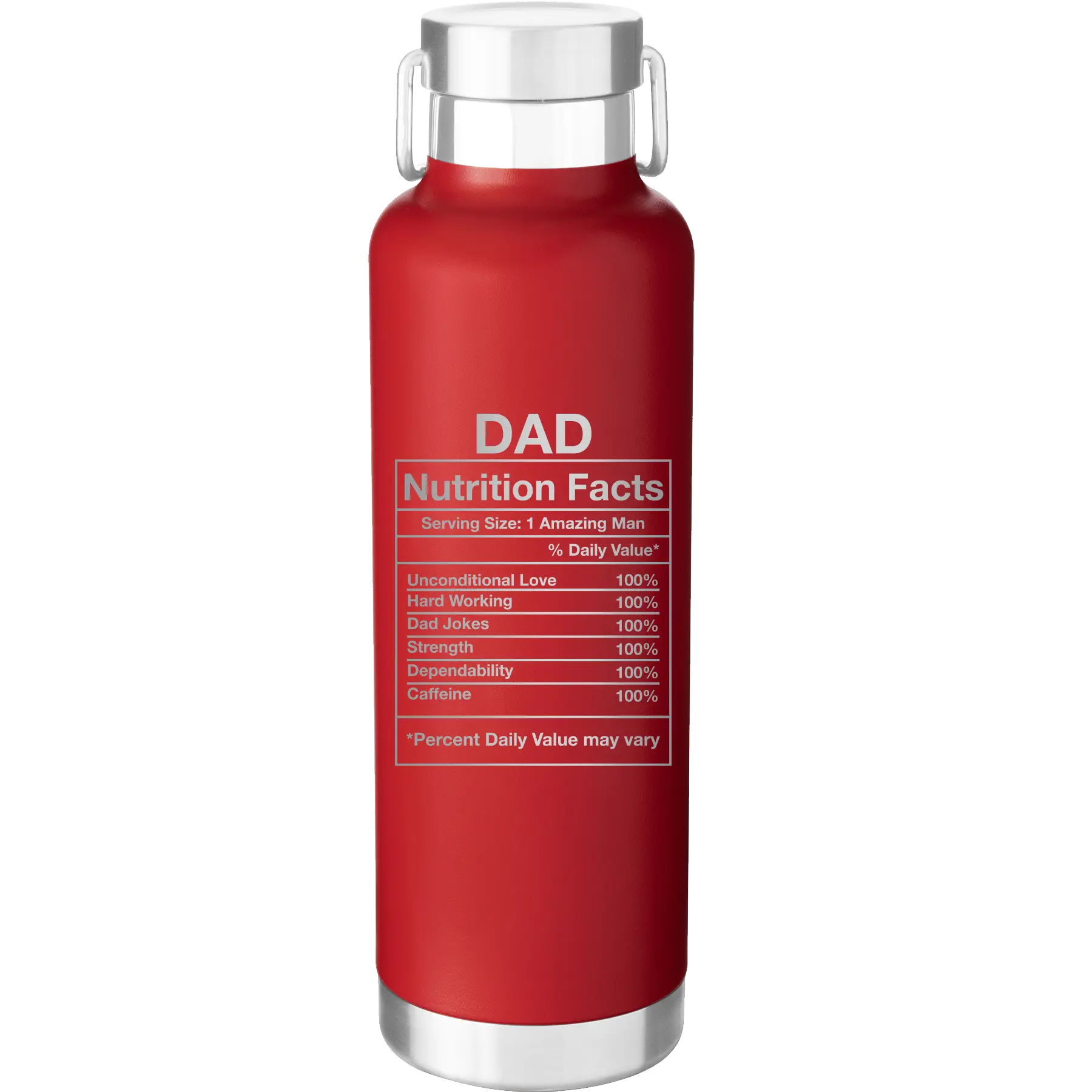 Laser etched red 24 oz vacuum insulated water bottle with 'Dad Nutrition' design