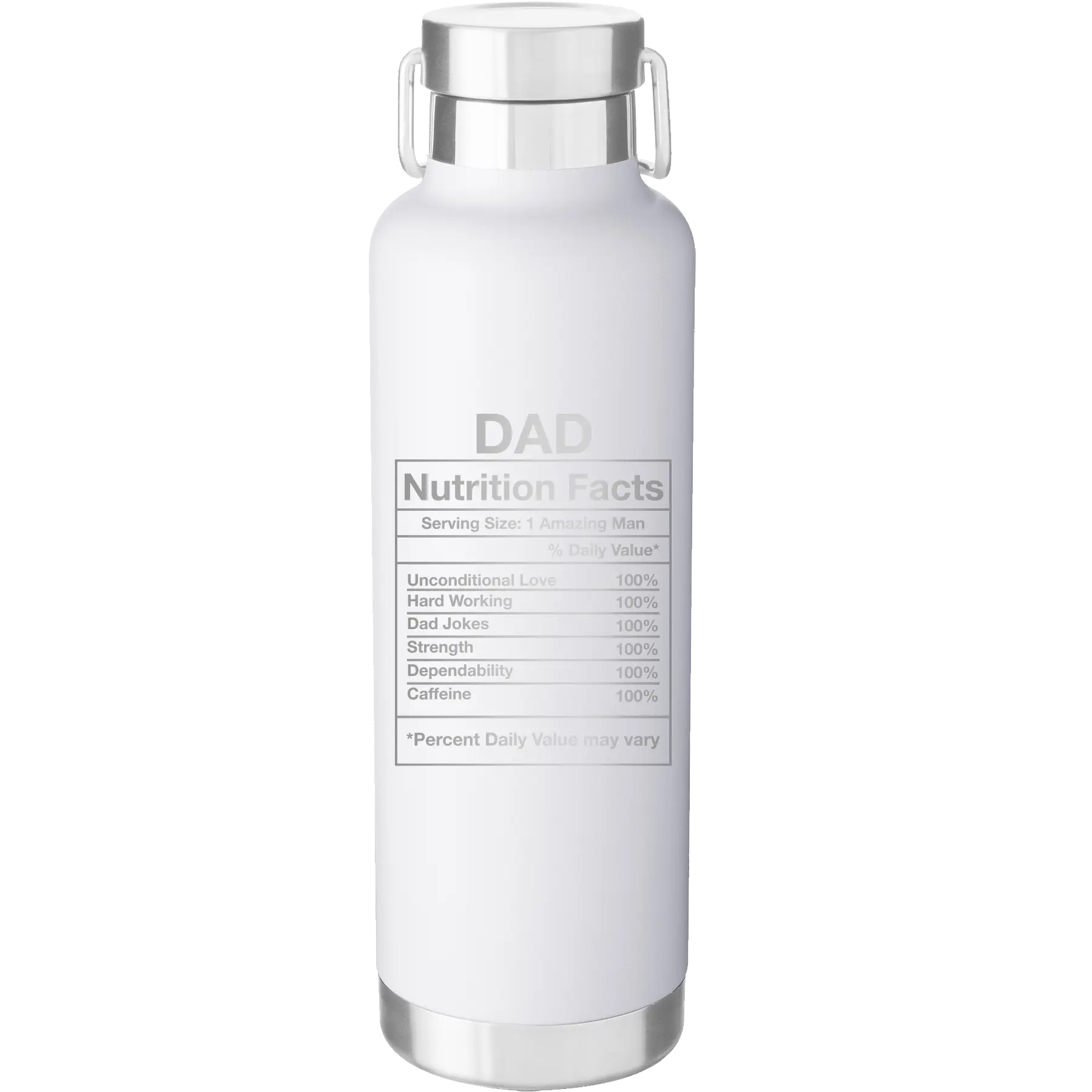 Laser etched white 24 oz vacuum insulated water bottle with 'Dad Nutrition' design