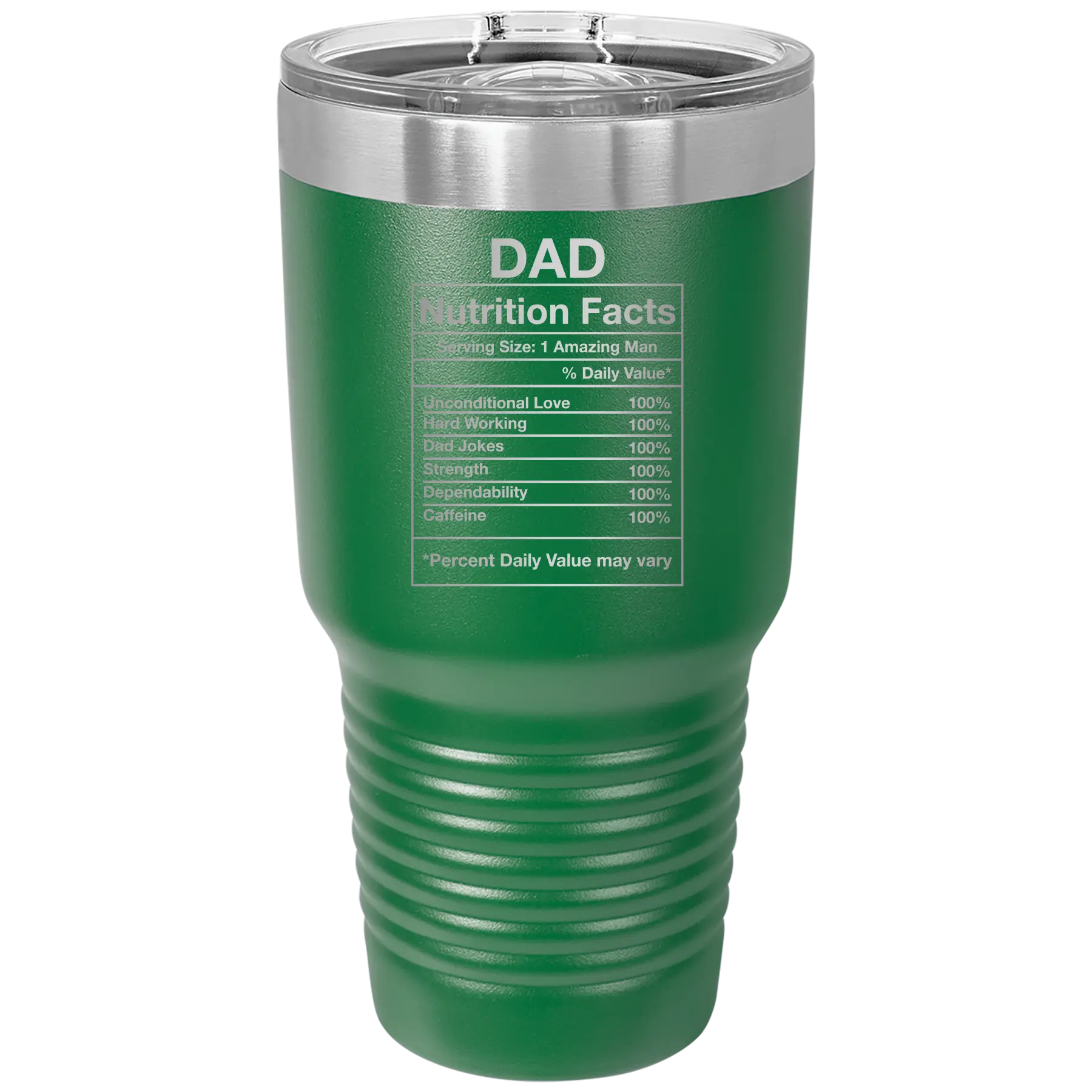 Laser etched green 30 oz vacuum insulated tumbler with 'Dad Nutrition' design