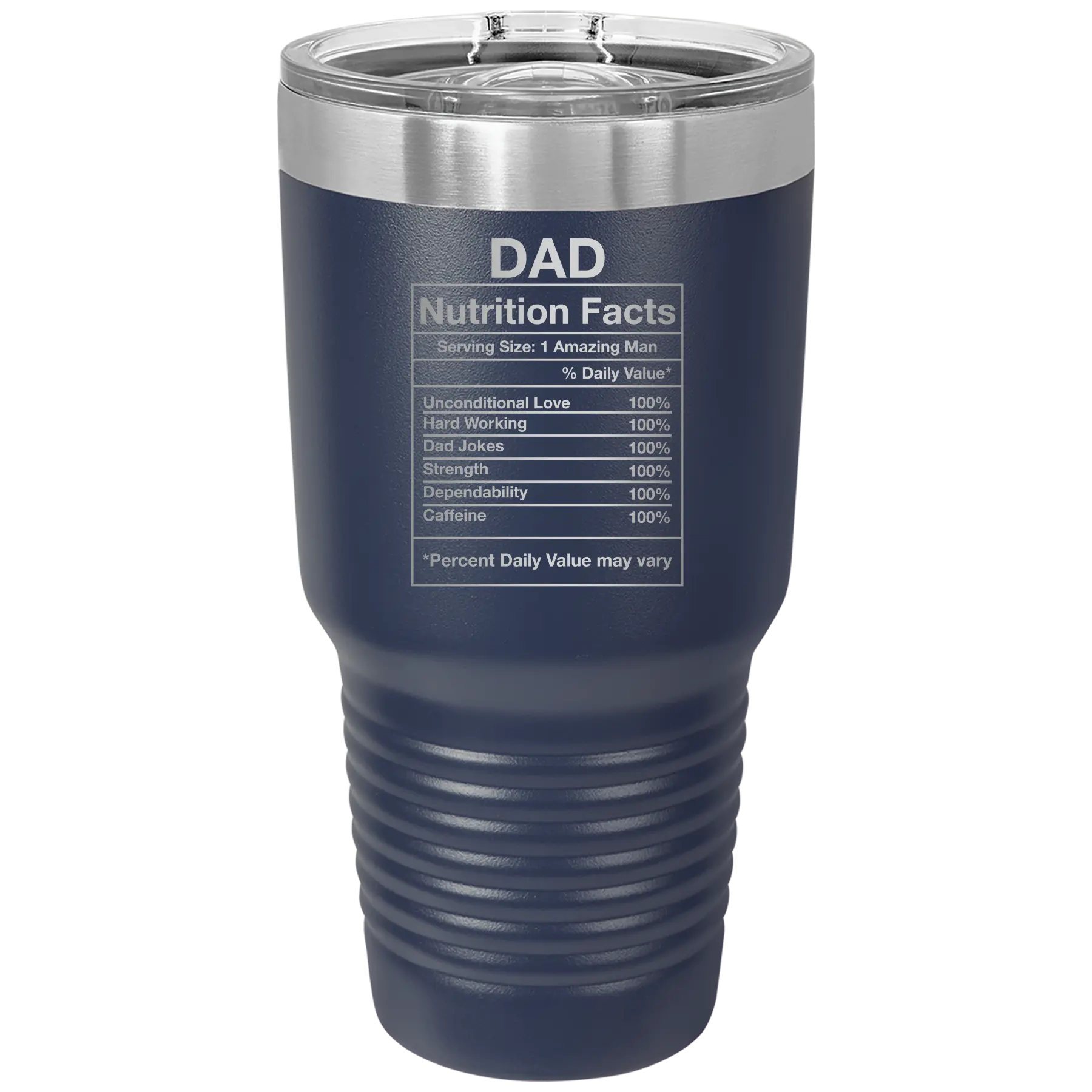 Laser etched navy 30 oz vacuum insulated tumbler with 'Dad Nutrition' design