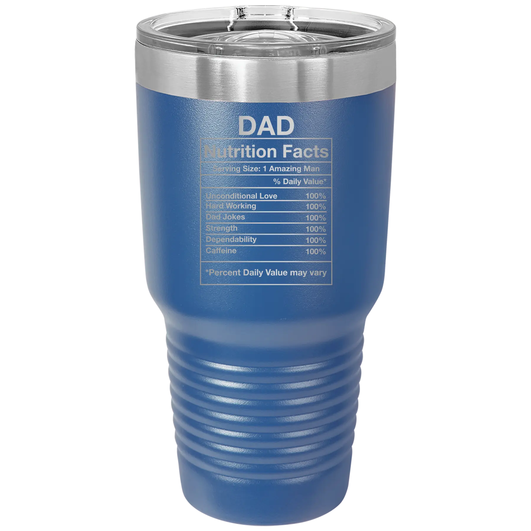 Laser etched royal blue 30 oz vacuum insulated tumbler with 'Dad Nutrition' design