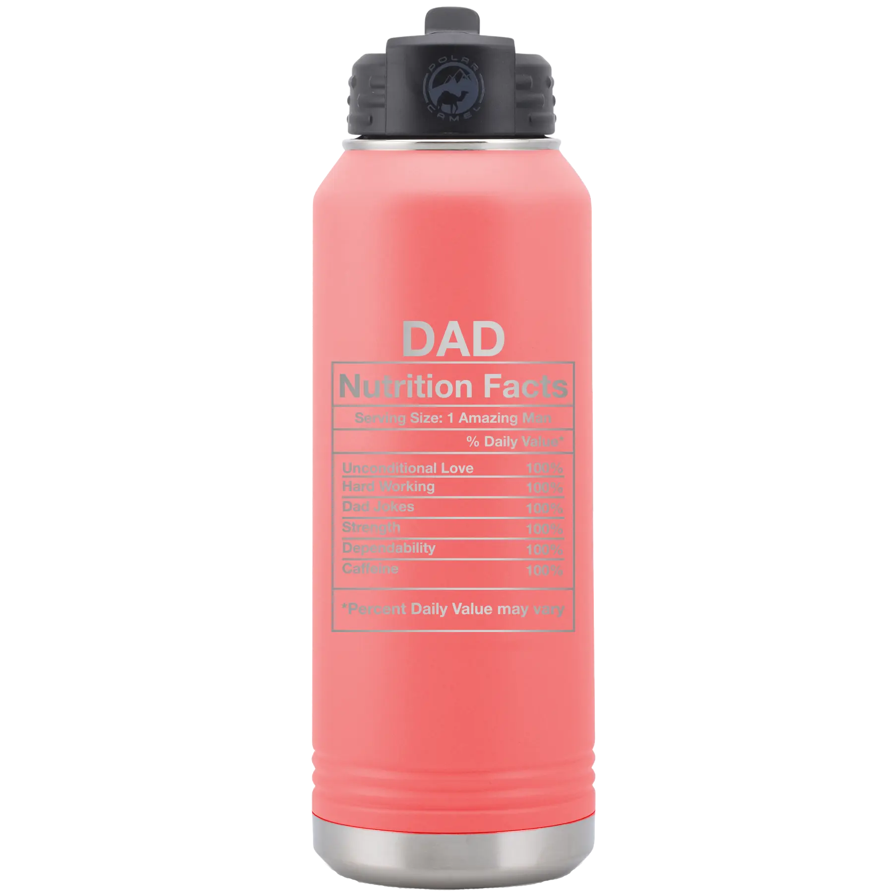 Laser etched coral 32 oz vacuum insulated water bottle with 'Dad Nutrition' design