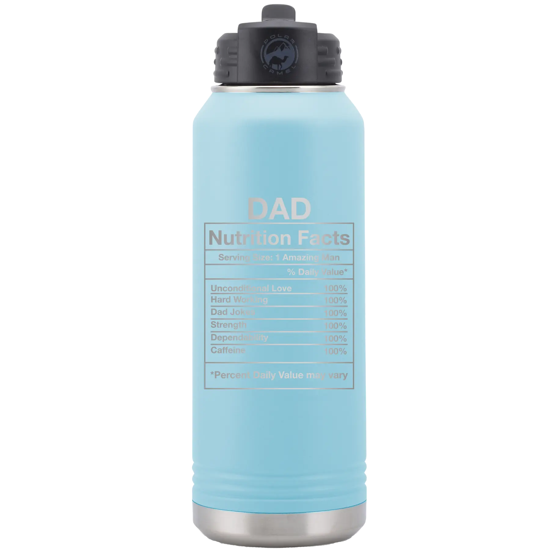 Laser etched light blue 32 oz vacuum insulated water bottle with 'Dad Nutrition' design