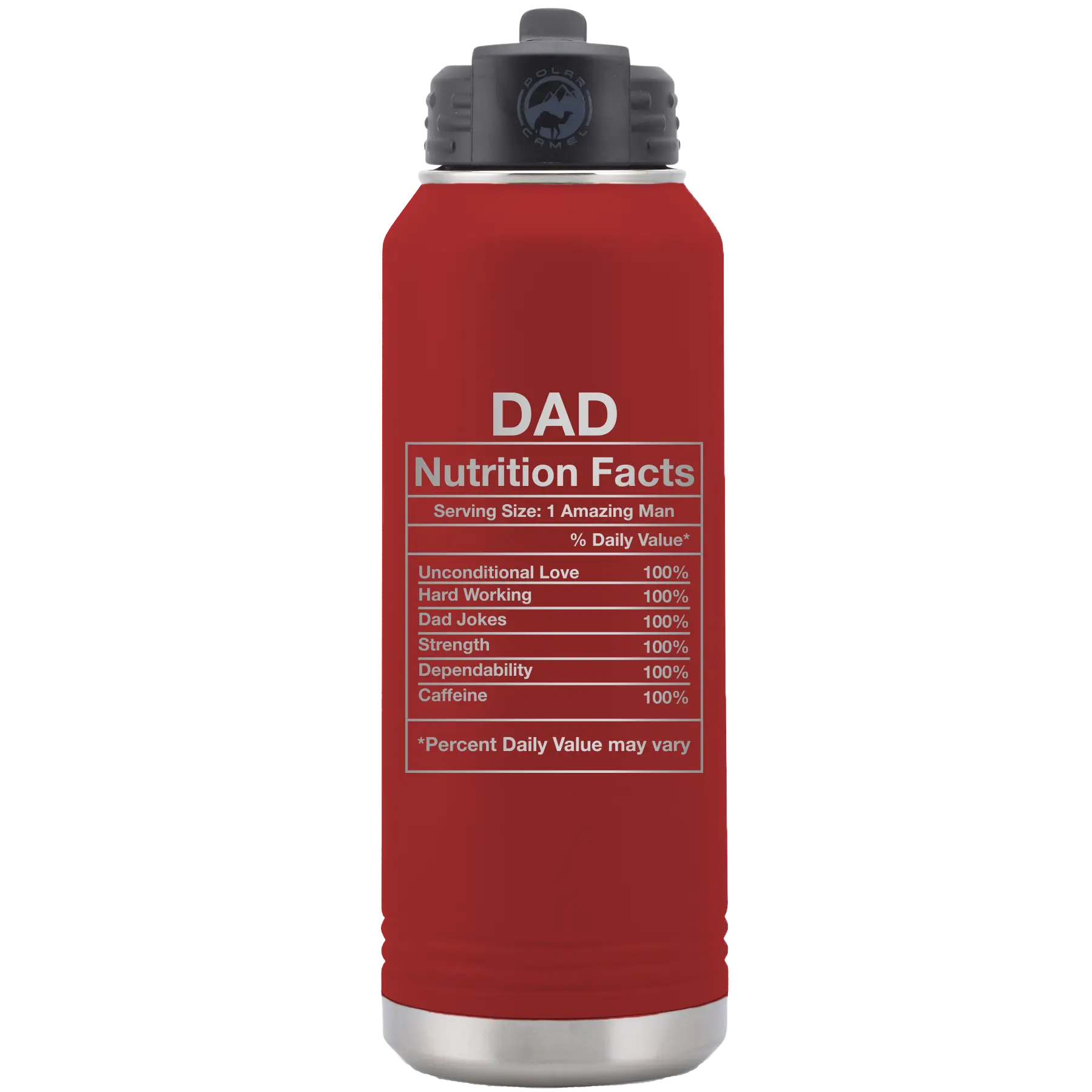 Laser etched maroon 32 oz vacuum insulated water bottle with 'Dad Nutrition' design