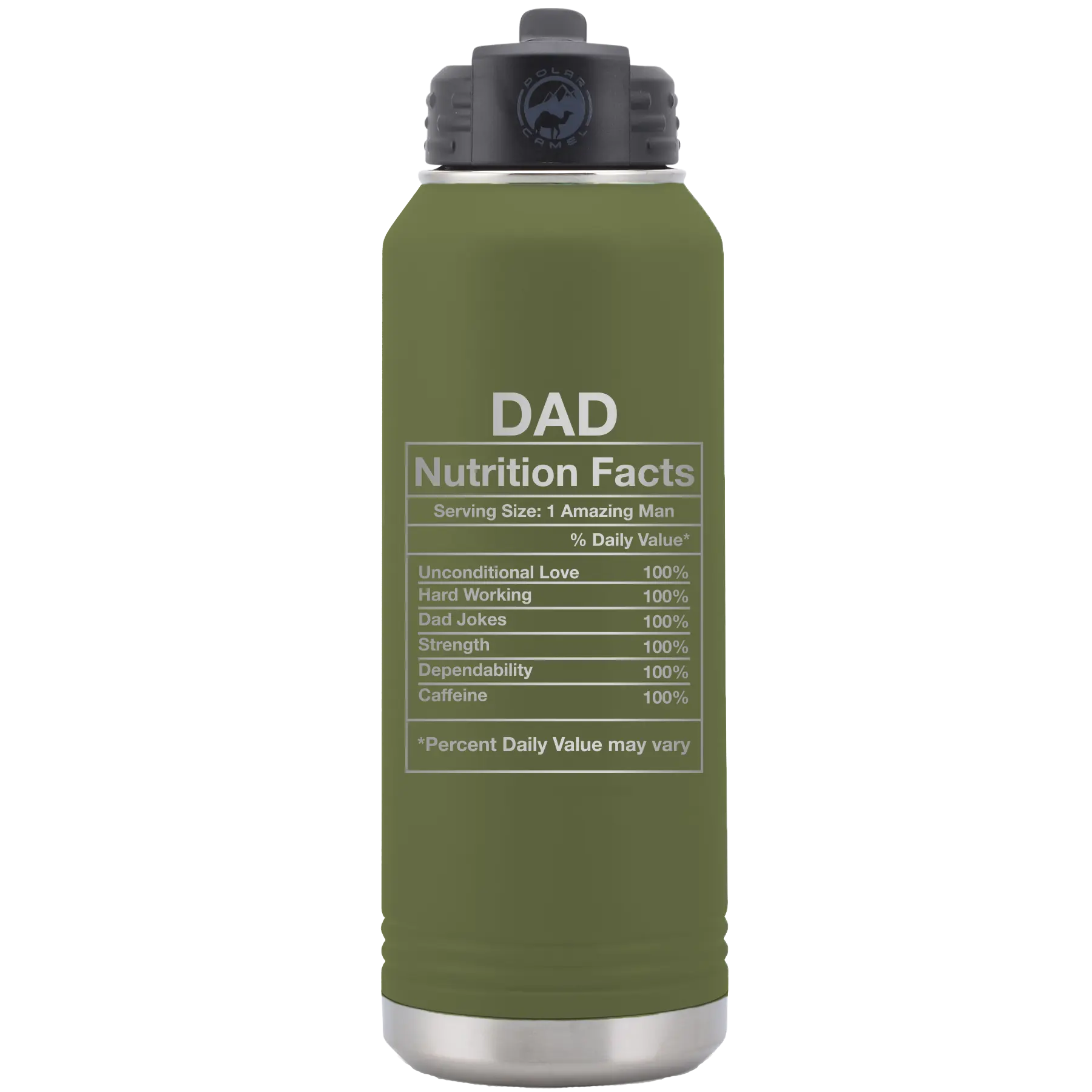 Laser etched olive green 32 oz vacuum insulated water bottle with 'Dad Nutrition' design