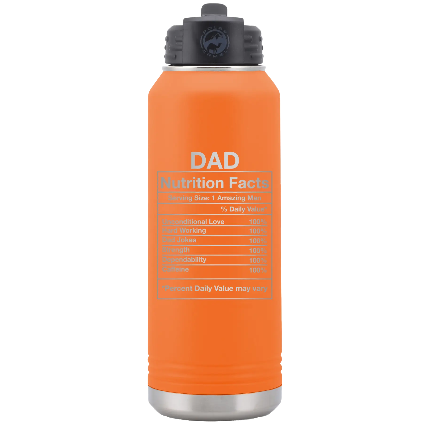 Laser etched orange 32 oz vacuum insulated water bottle with 'Dad Nutrition' design