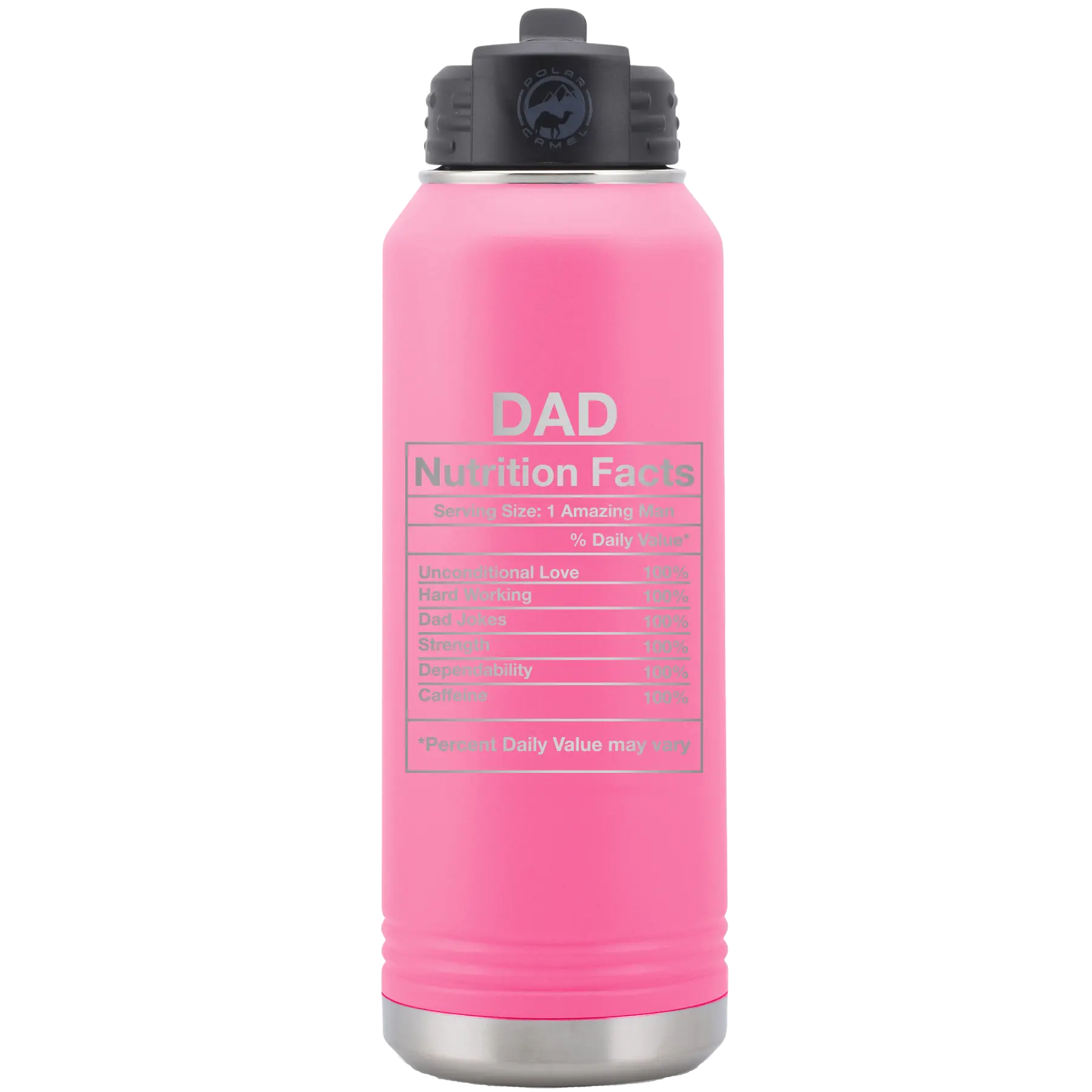 Laser etched pink 32 oz vacuum insulated water bottle with 'Dad Nutrition' design